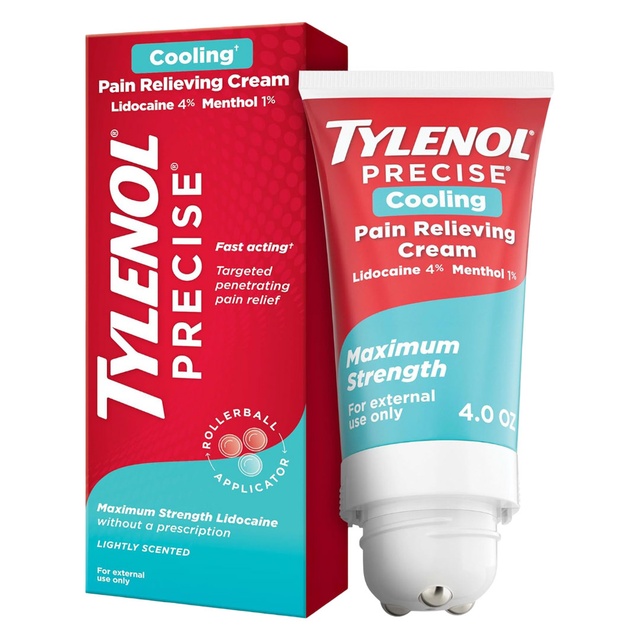 Tylenol Precise Cream, Cooling Sensation Pain Relief, Roll‑On, Lidocaine 4%, Menthol 1%, Targeted Maximum OTC Strength Combination for Back, Muscle and Joint, Numbing Cream Rollerball Applicator, 4 oz