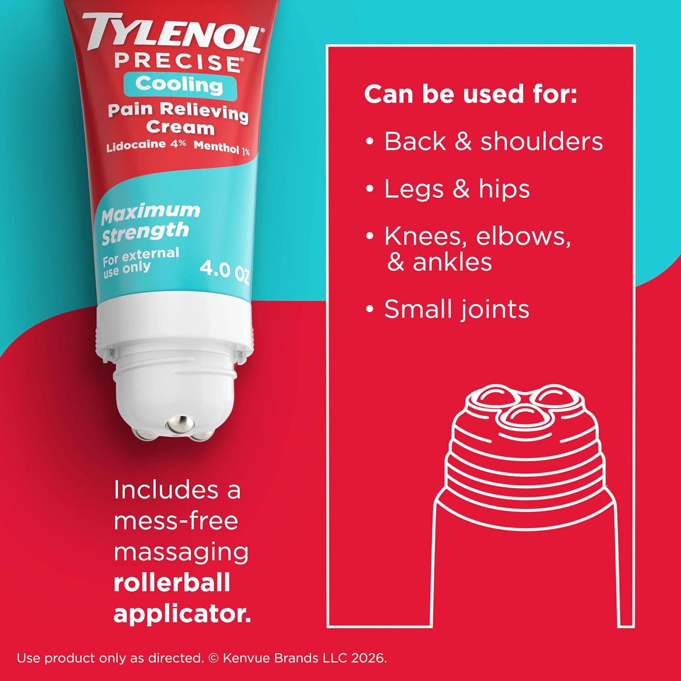 Tylenol Precise Cream, Cooling Sensation Pain Relief, Roll‑On, Lidocaine 4%, Menthol 1%, Targeted Maximum OTC Strength Combination for Back, Muscle and Joint, Numbing Cream Rollerball Applicator, 4 oz 4