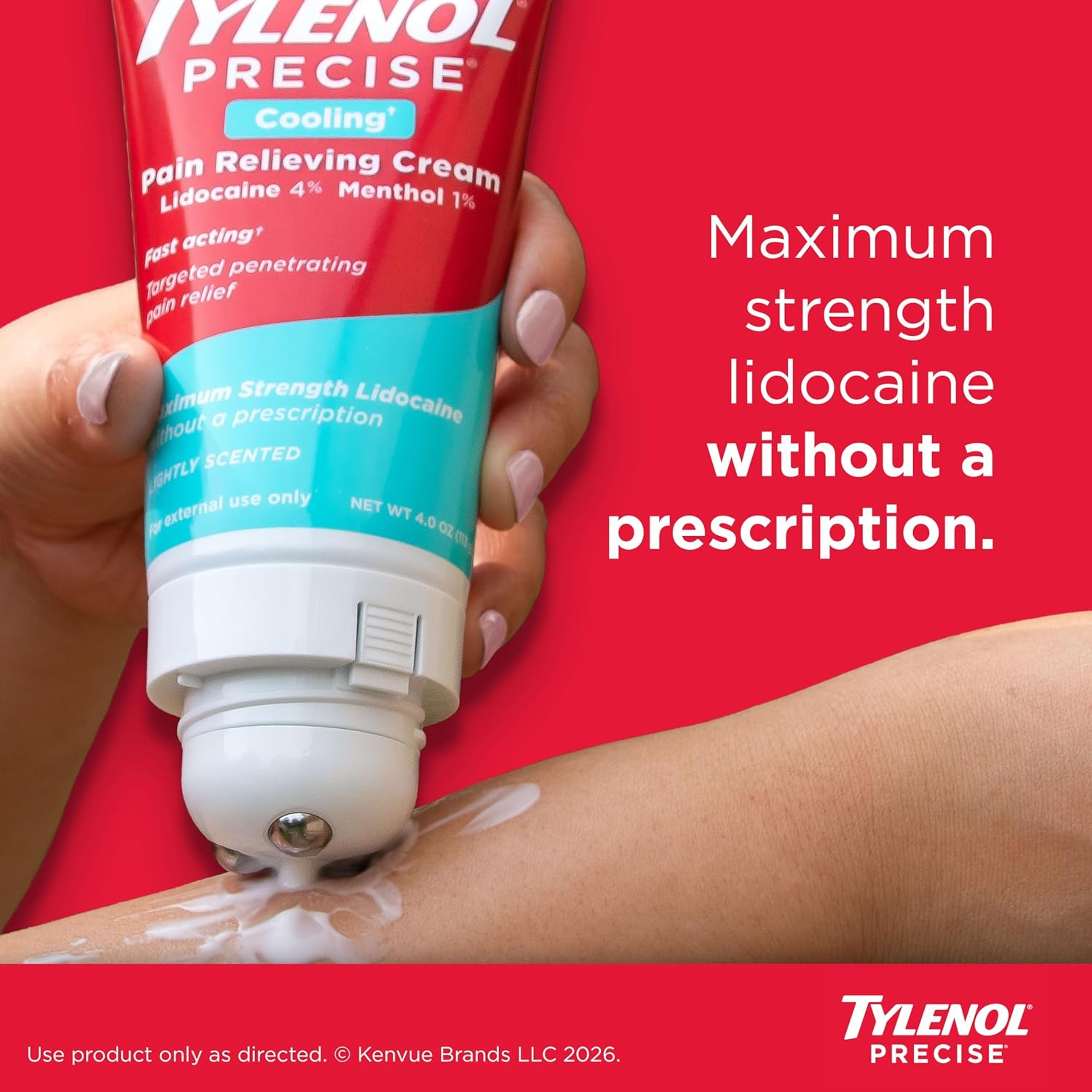 Tylenol Precise Cream, Cooling Sensation Pain Relief, Roll‑On, Lidocaine 4%, Menthol 1%, Targeted Maximum OTC Strength Combination for Back, Muscle and Joint, Numbing Cream Rollerball Applicator, 4 oz 6