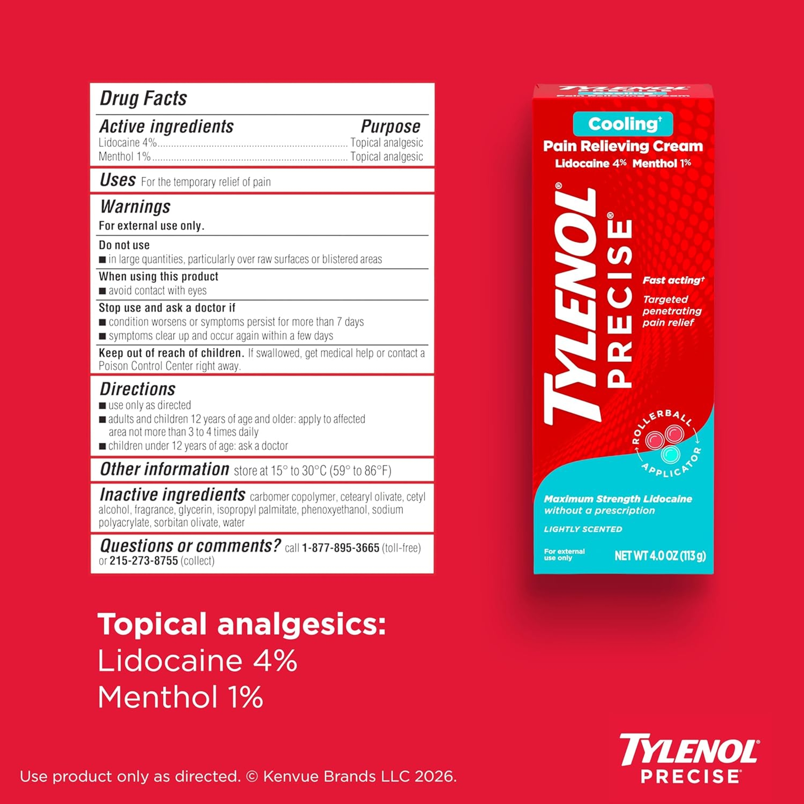Tylenol Precise Cream, Cooling Sensation Pain Relief, Roll‑On, Lidocaine 4%, Menthol 1%, Targeted Maximum OTC Strength Combination for Back, Muscle and Joint, Numbing Cream Rollerball Applicator, 4 oz 8