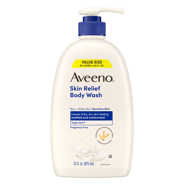 Aveeno Skin Relief Body Wash, Fragrance-Free, 33 fl.oz - Gentle Daily Gel Cleanser for Sensitive, Itchy, Dry Skin