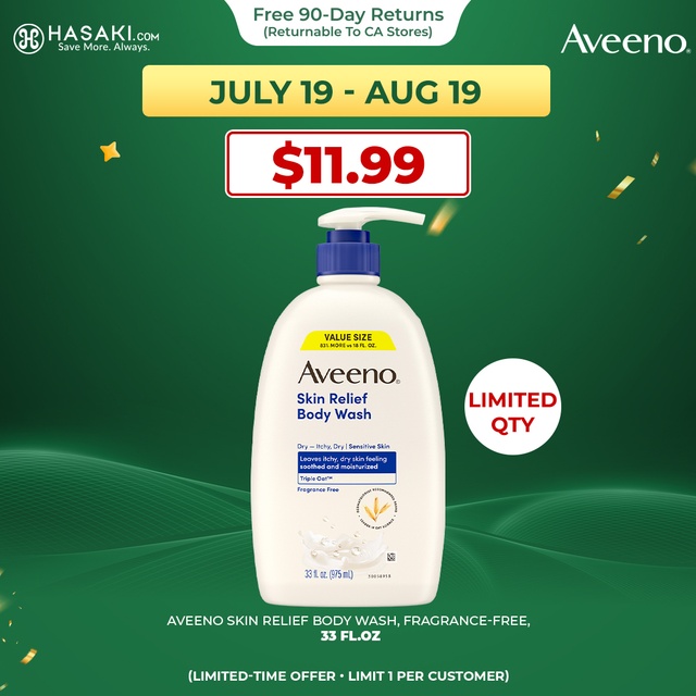 Aveeno Skin Relief Body Wash, Fragrance-Free, 33 fl.oz - Gentle Daily Gel Cleanser for Sensitive, Itchy, Dry Skin — Out of stock