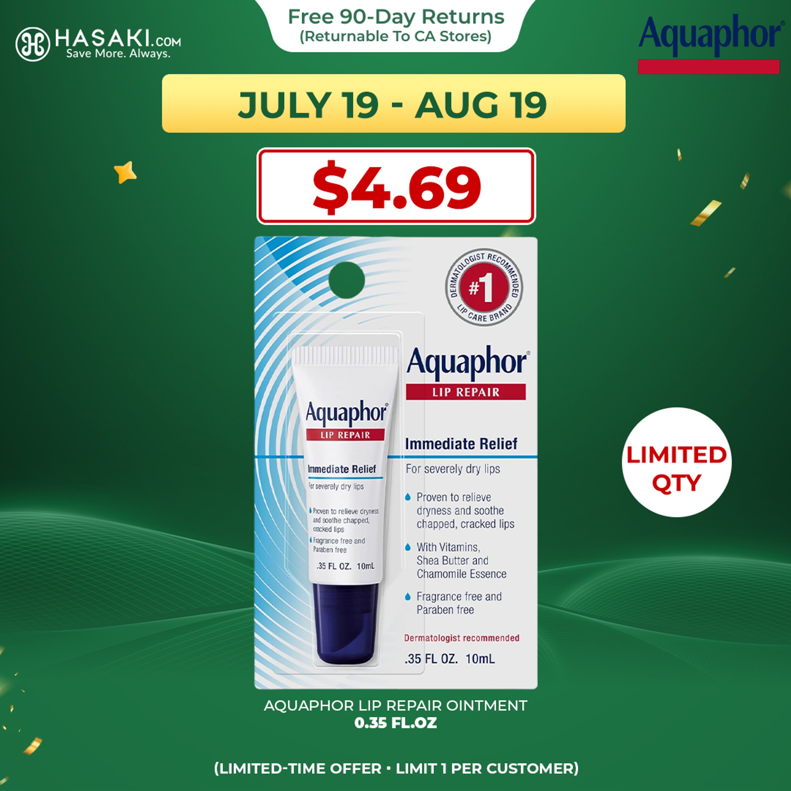 Aquaphor Lip Repair Ointment 0.35 fl.oz - Long-Lasting Moisture to Soothe Dry Chapped Lips 1