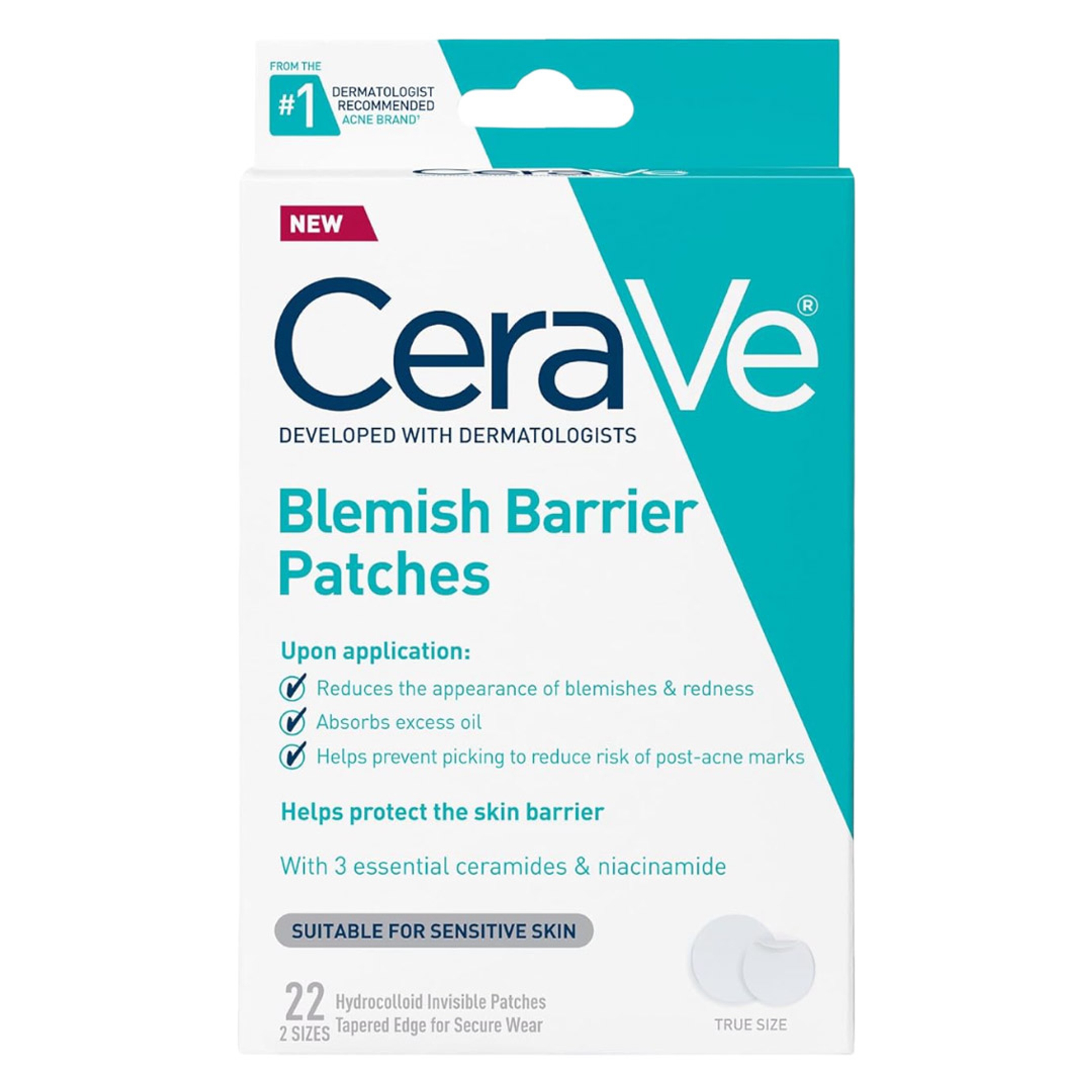 CeraVe Hydrocolloid Blemish Patches, Oil Absorbing Spot Control with Ceramides and Niacinamide, Allergy-Tested & Suitable For Sensitive Skin, Ultra-Thin & Blends Into All Skin Tones, 22ct 1