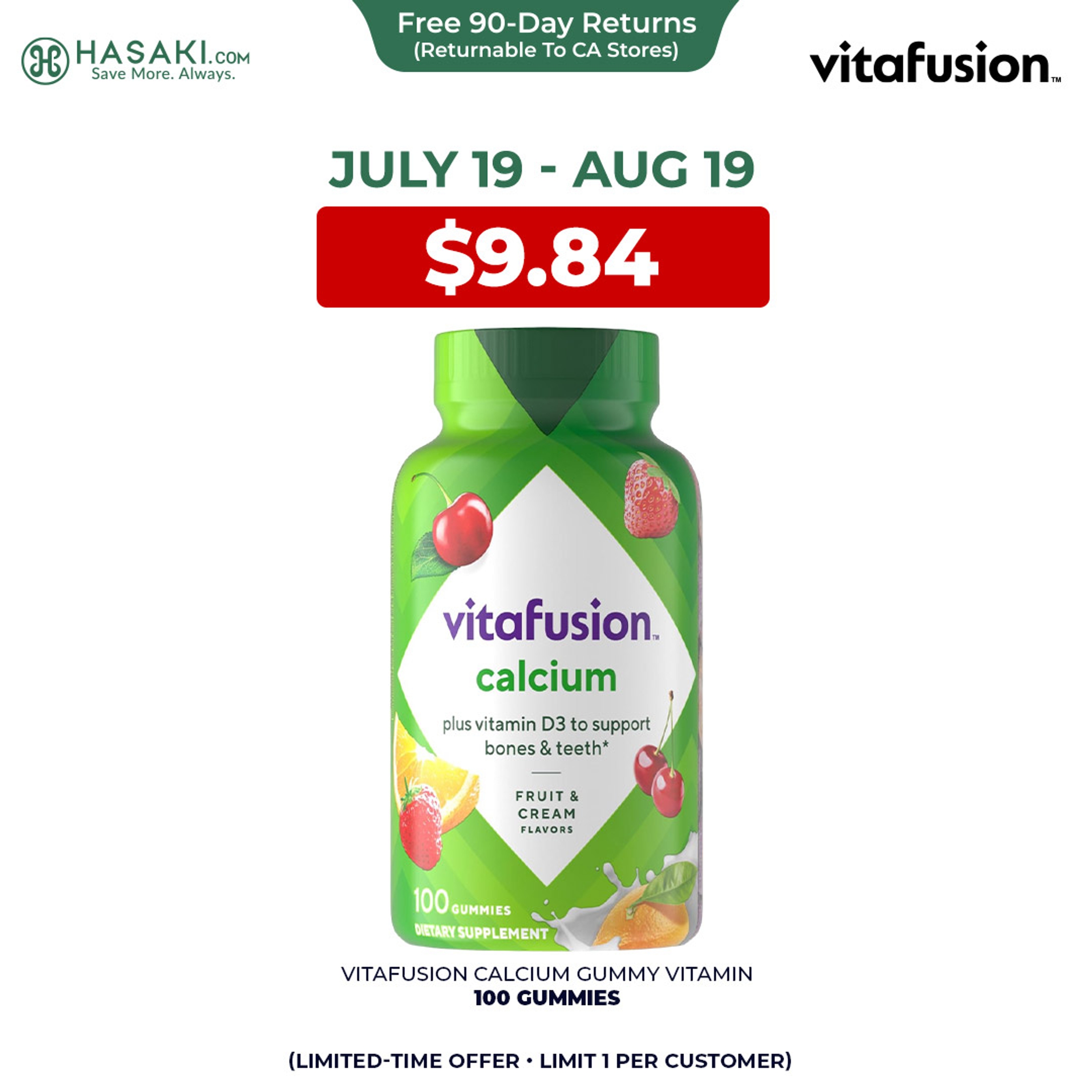 Vitafusion Calcium Gummy Vitamin, 100 Gummies -  for Bone and Teeth Support, Fruit & Cream Flavor 1