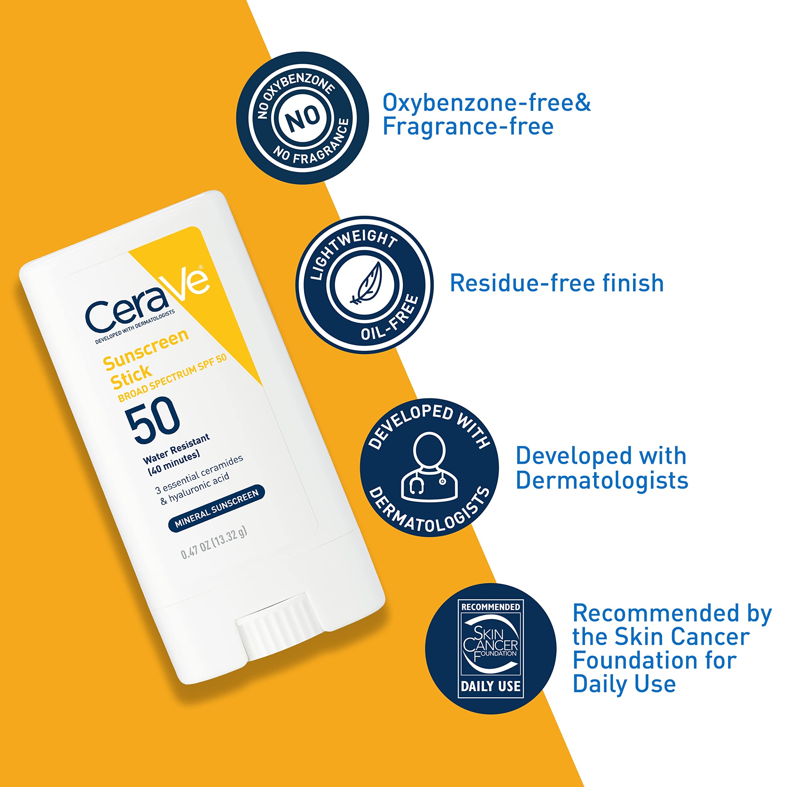 CeraVe Mineral Sunscreen Stick SPF50 0.47 oz - Zinc Oxide Face Sunscreen with Hyaluronic Acid & Ceramides 3