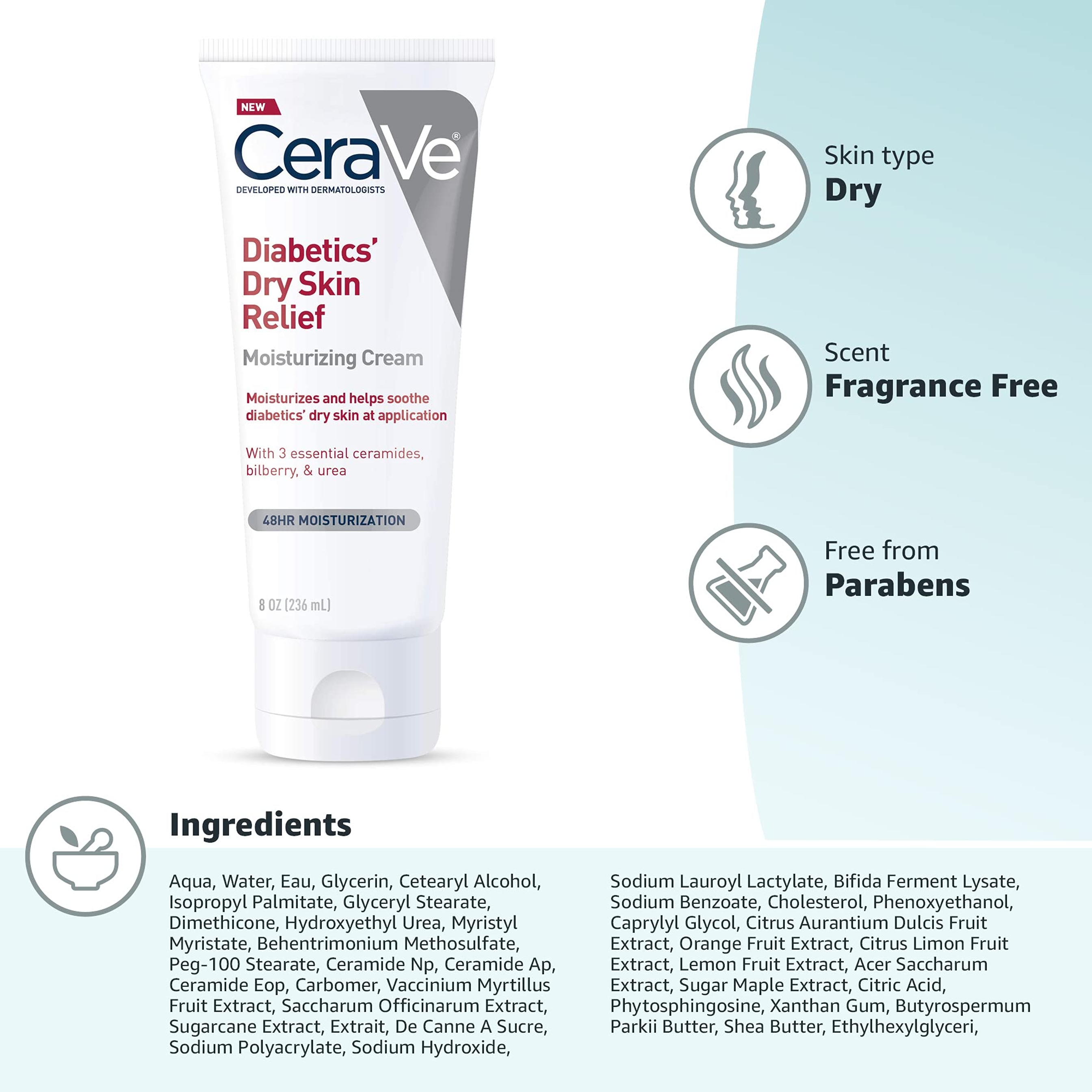 CeraVe Diabetics Dry Skin Relief Moisturizing Cream 8 oz - Urea Face & Body Lotion Provides 48H Hydration to Soothe Skin 6