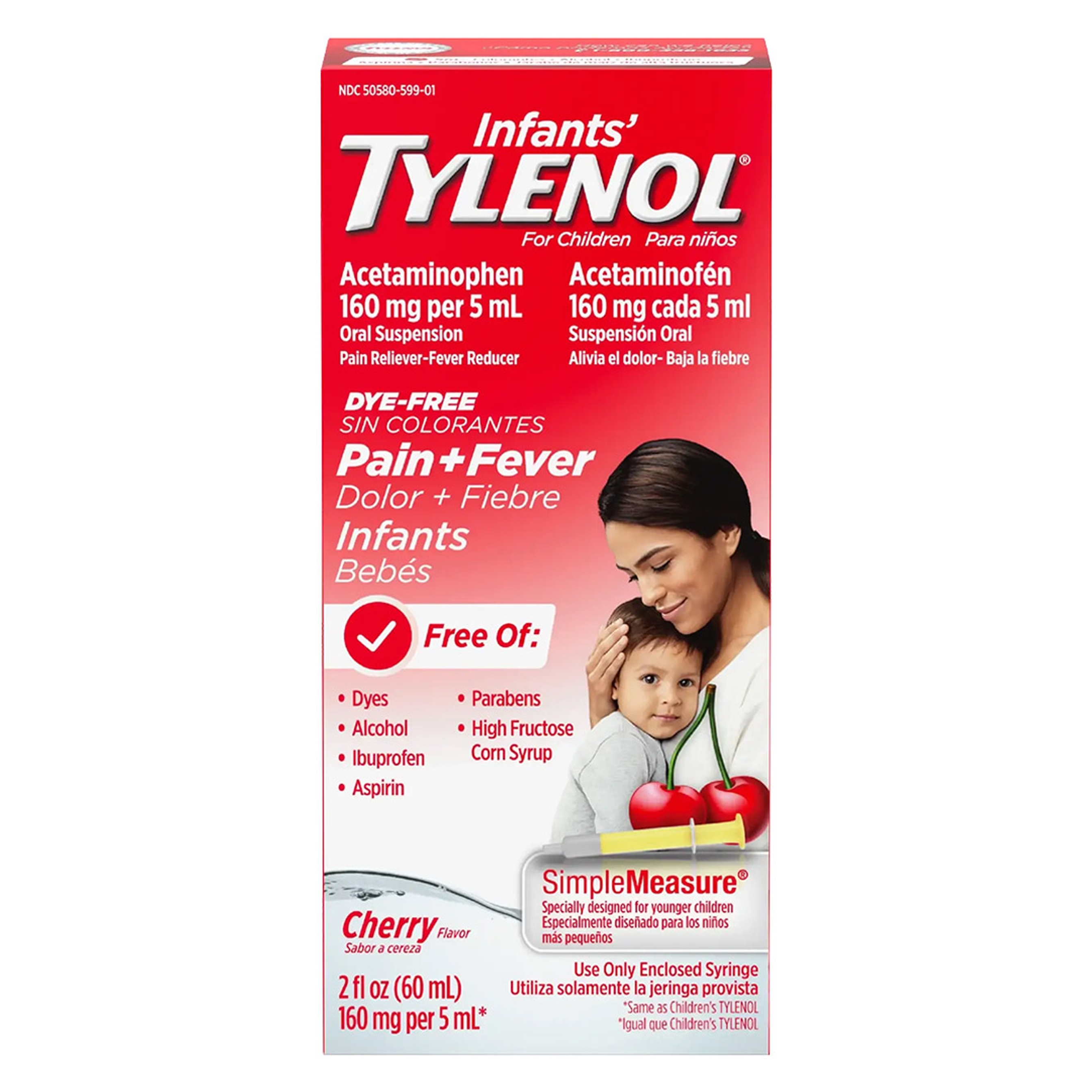 Infants’ Tylenol Dye Free Acetaminophen, Free of Alcohol, Aspirin and Ibuprofen, Oral Suspension, Pain Relief, Fever Reducer, Includes SimpleMeasure Dosing Syringe, Cherry Flavor, 2 Fl Oz 1