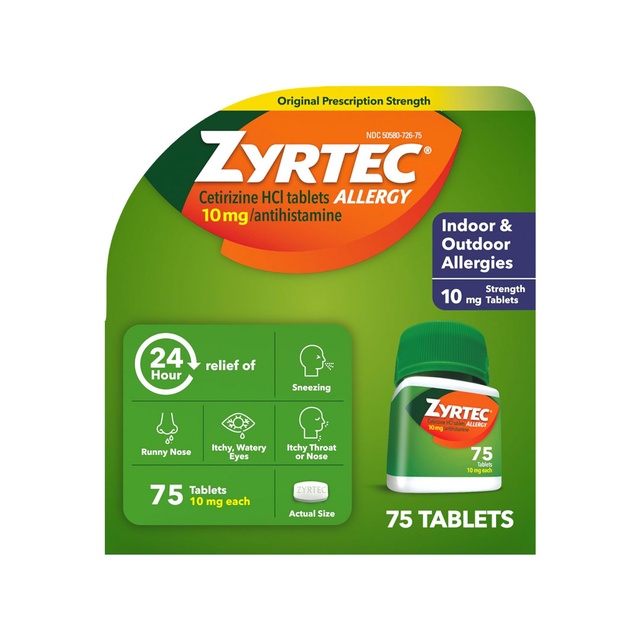 Zyrtec Allergy Medicine, Relief for Full 24 Hours, Cetirizine Tablets Take on Symptoms Like Sneezing, Runny Nose, Itchy, Watery Eyes, and Itchy Nose or Throat, 75 Count Size