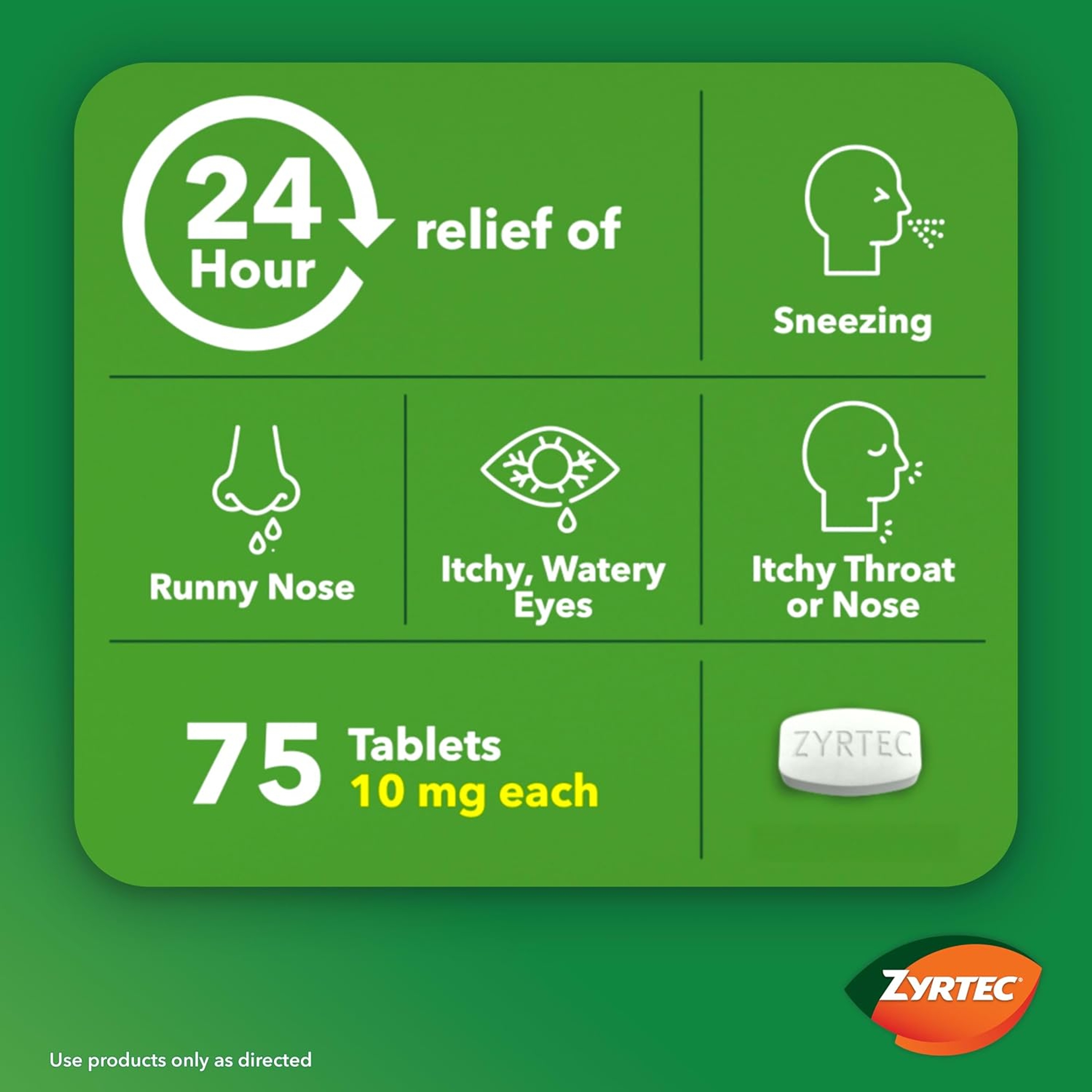 Zyrtec Allergy Medicine, Relief for Full 24 Hours, Cetirizine Tablets Take on Symptoms Like Sneezing, Runny Nose, Itchy, Watery Eyes, and Itchy Nose or Throat, 75 Count Size 3
