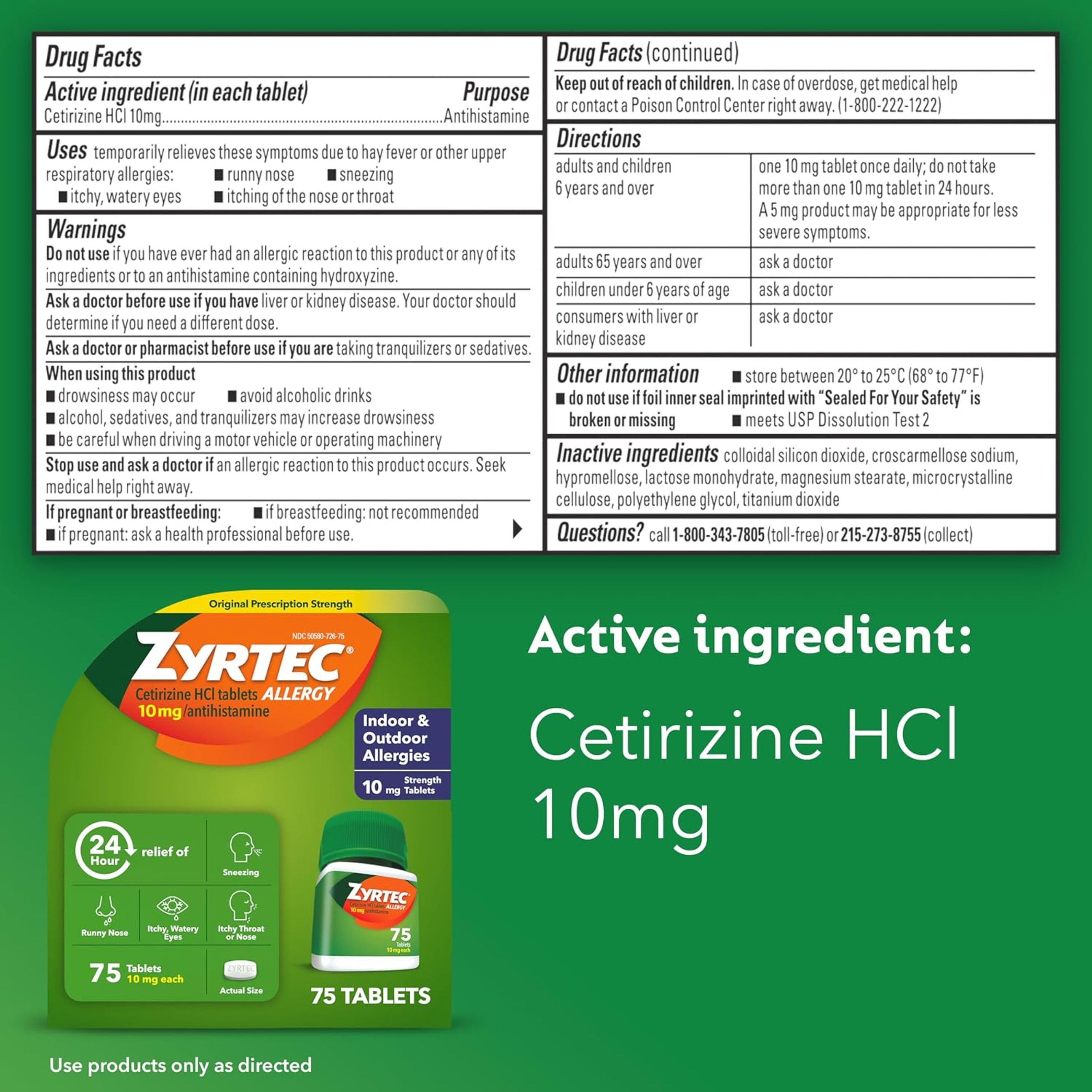 Zyrtec Allergy Medicine, Relief for Full 24 Hours, Cetirizine Tablets Take on Symptoms Like Sneezing, Runny Nose, Itchy, Watery Eyes, and Itchy Nose or Throat, 75 Count Size 8