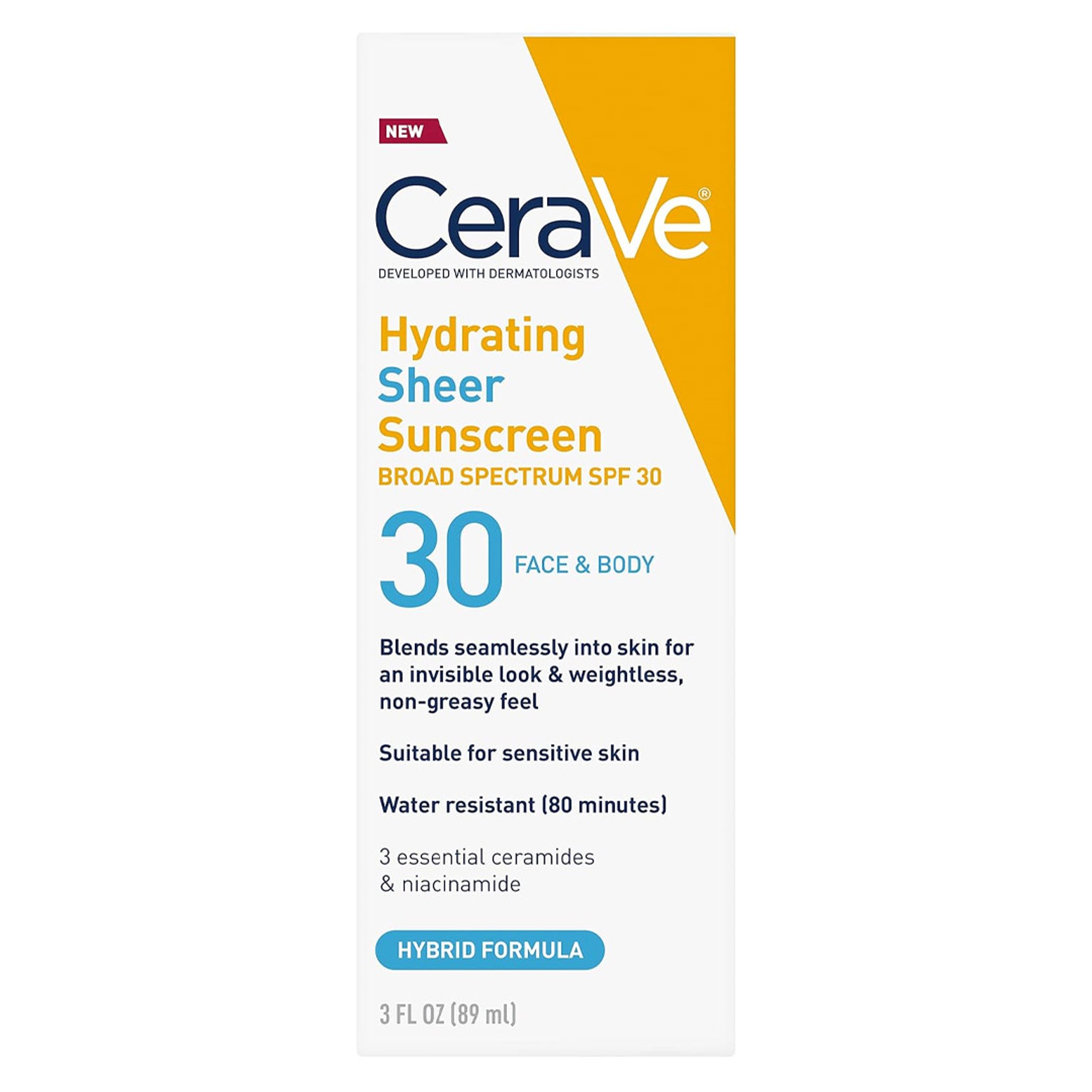 CeraVe Hydrating Sheer Sunscreen SPF30 for Face & Body 3 fl.oz - Mineral & Chemical Sunscreen with Zinc Oxide & Ceramides 8