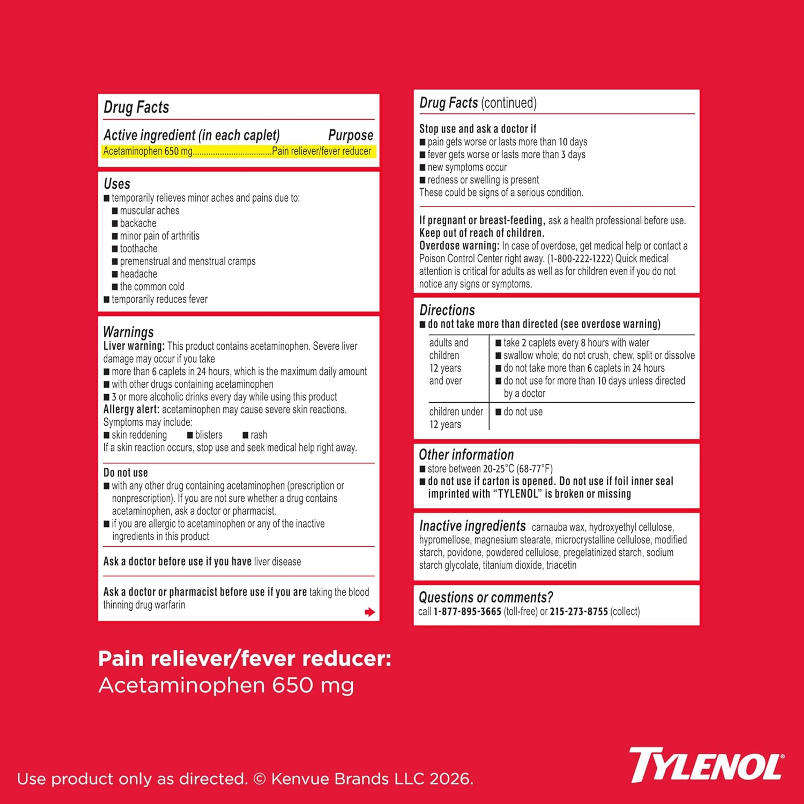 Tylenol 8 Hour Acetaminophen 650 mg Extended Release Caplets, Fast Acting Bi-Layer Design, Quick & Long Lasting Pain Relief for Muscle, Joint, Back & Arthritis Aches, Fever Reducer, 100 Count 8