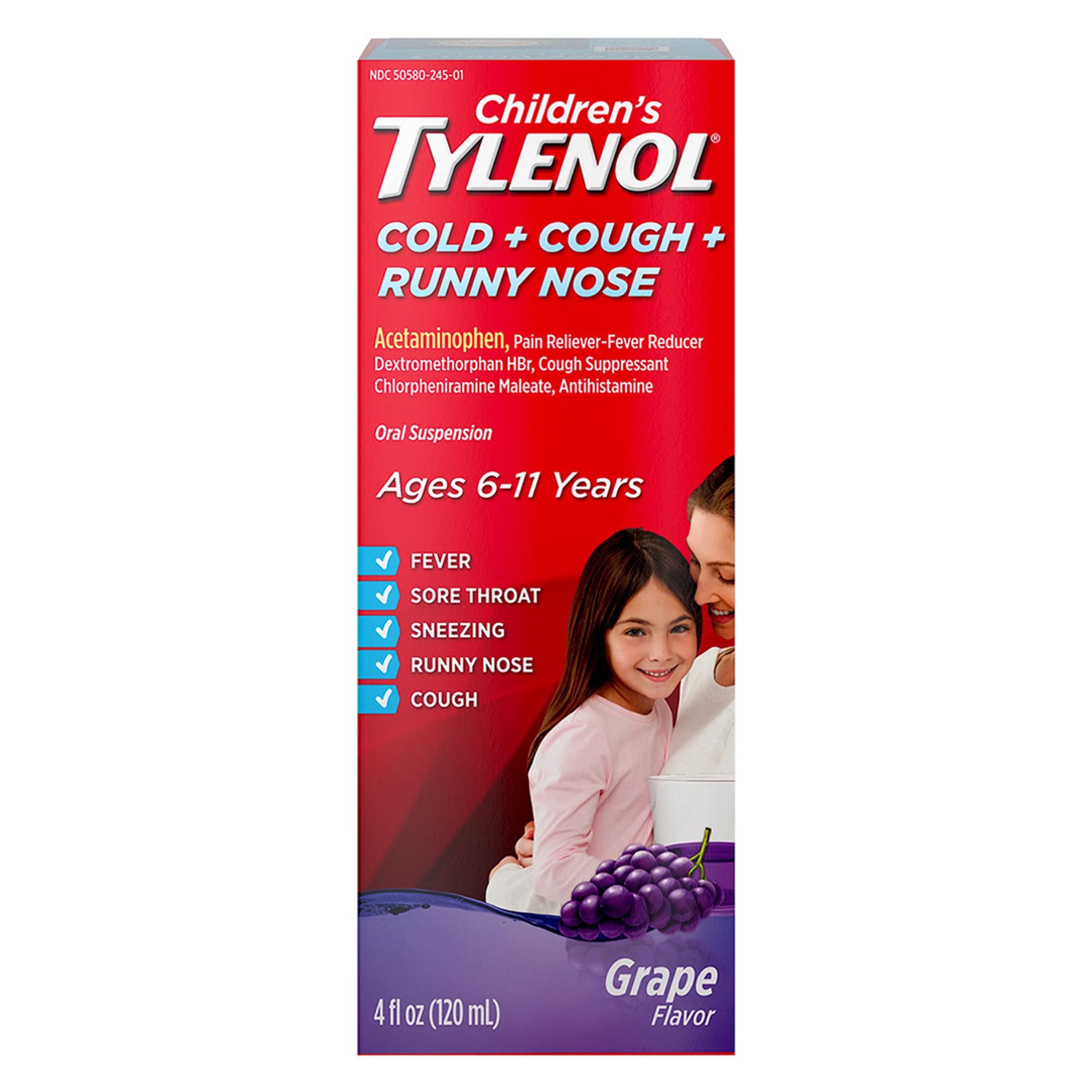 Children's Tylenol Cold + Cough + Runny Nose, Acetaminophen, Pain & Fever Relief, Chlorpheniramine Maleate, Antihistamine, Dextromethorphan HBr, Cough Suppressant; Grape liquid, 4 fl. oz.; Pack of 1 1