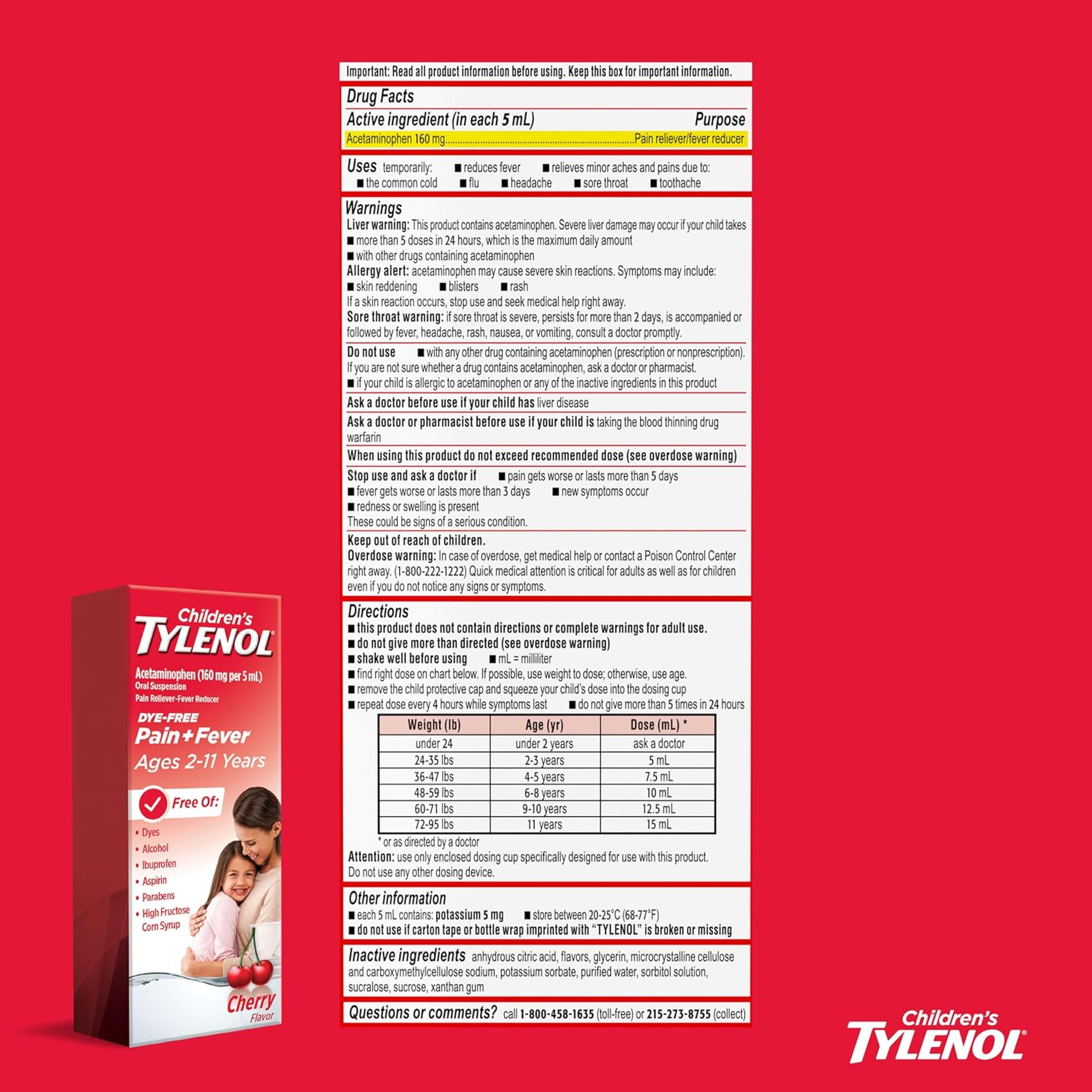 Children’s Liquid Tylenol, Dye-Free, Acetaminophen Oral Suspension, Alcohol-, Paraben-, and Ibuprofen-Free, Pain Relief and Fever Reducer, Measuring Cup for Dosing, Cherry Flavor, 8 Fluid Ounces 8