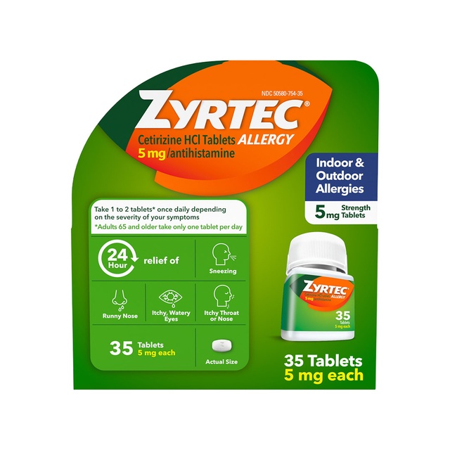 Zyrtec 24 Hour Allergy Relief Tablets, Indoor & Outdoor Allergy Medicine for Adults with 5 mg Cetirizine Hydrochloride, Relief of Runny Nose, Sneezing, Itchy Eyes, Plus Dust, Mold & Pet Dander, 35 ct