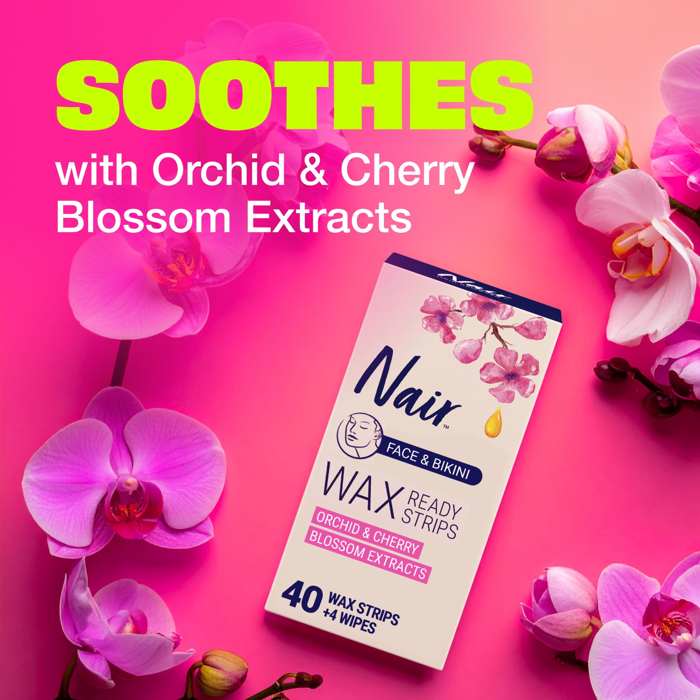 Nair Wax Ready-Strips for Face & Bikini 40 Count - Hair Removal Wax Strips, Orchid and Cherry Blossom Extracts 4