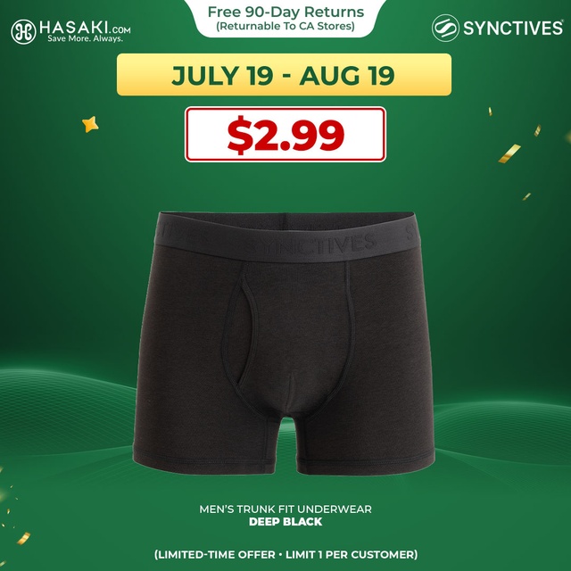 Synctives Men’s Trunk Fit Underwear, Deep Black, S - CMUW0032