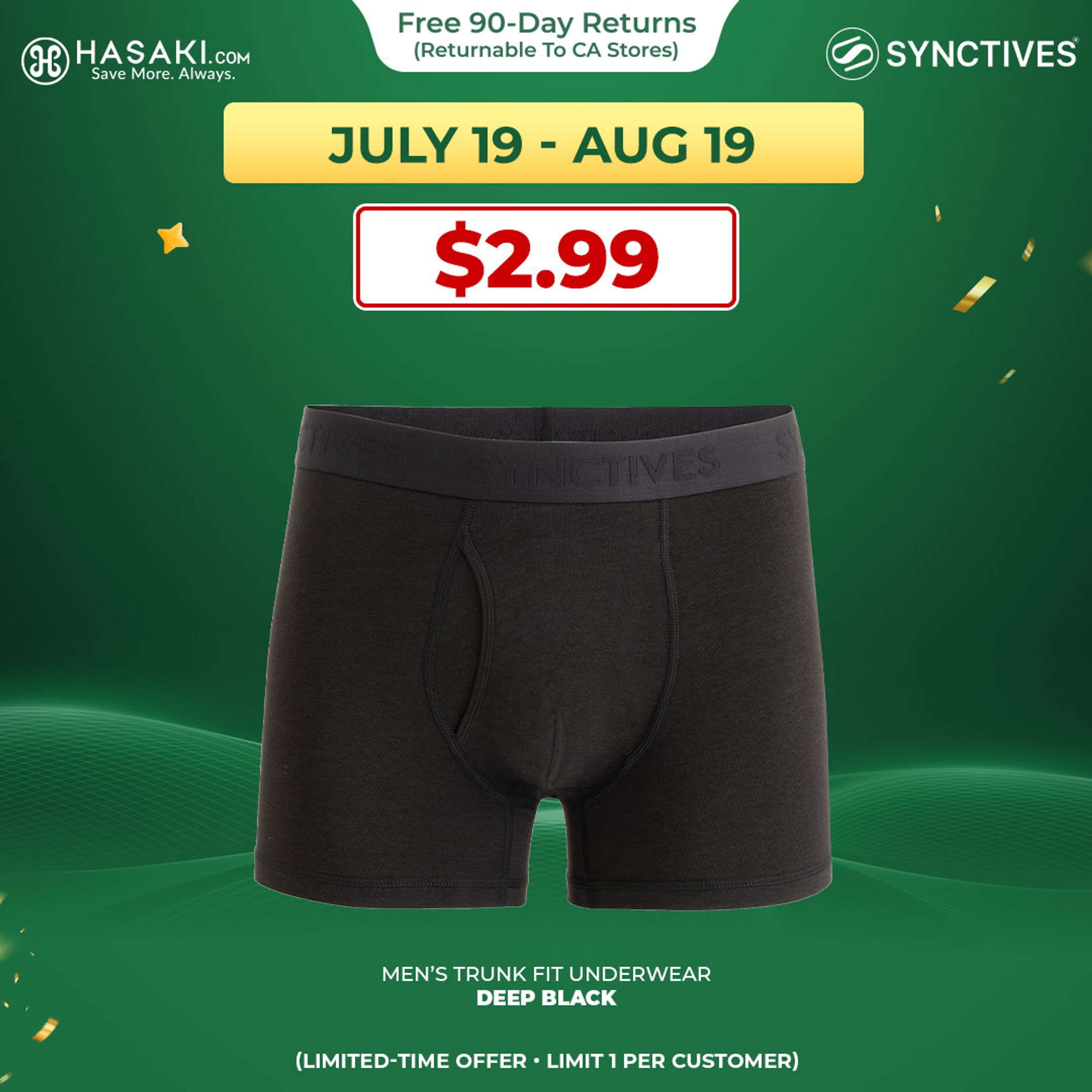 Synctives Men’s Trunk Fit Underwear, Deep Black, S - CMUW0032 1