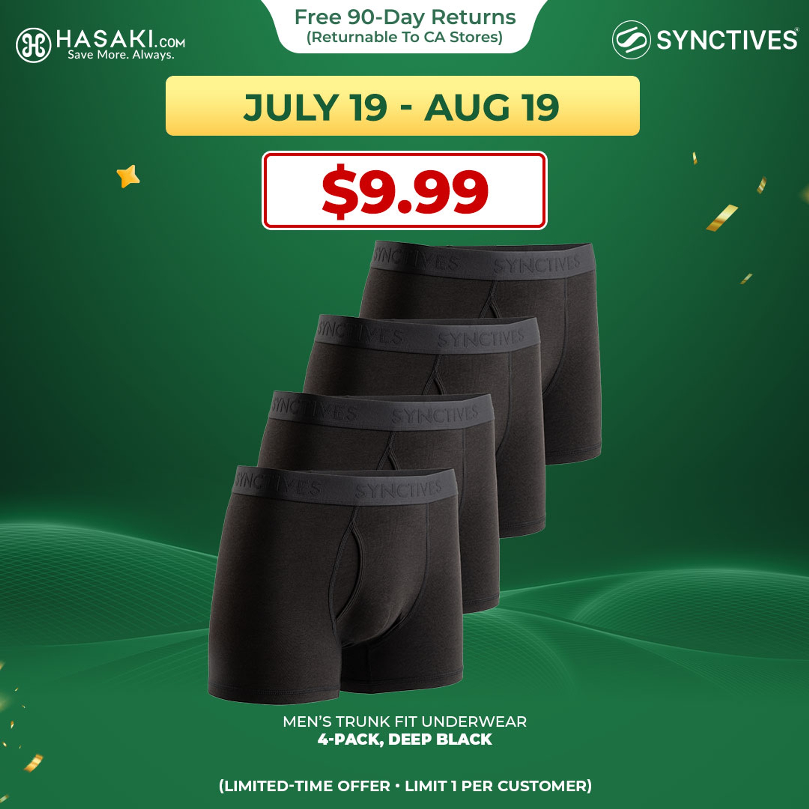 [Bamboo] Synctives Men’s Trunk Fit Underwear 4-Pack, Deep Black, S - CMUW0032 1