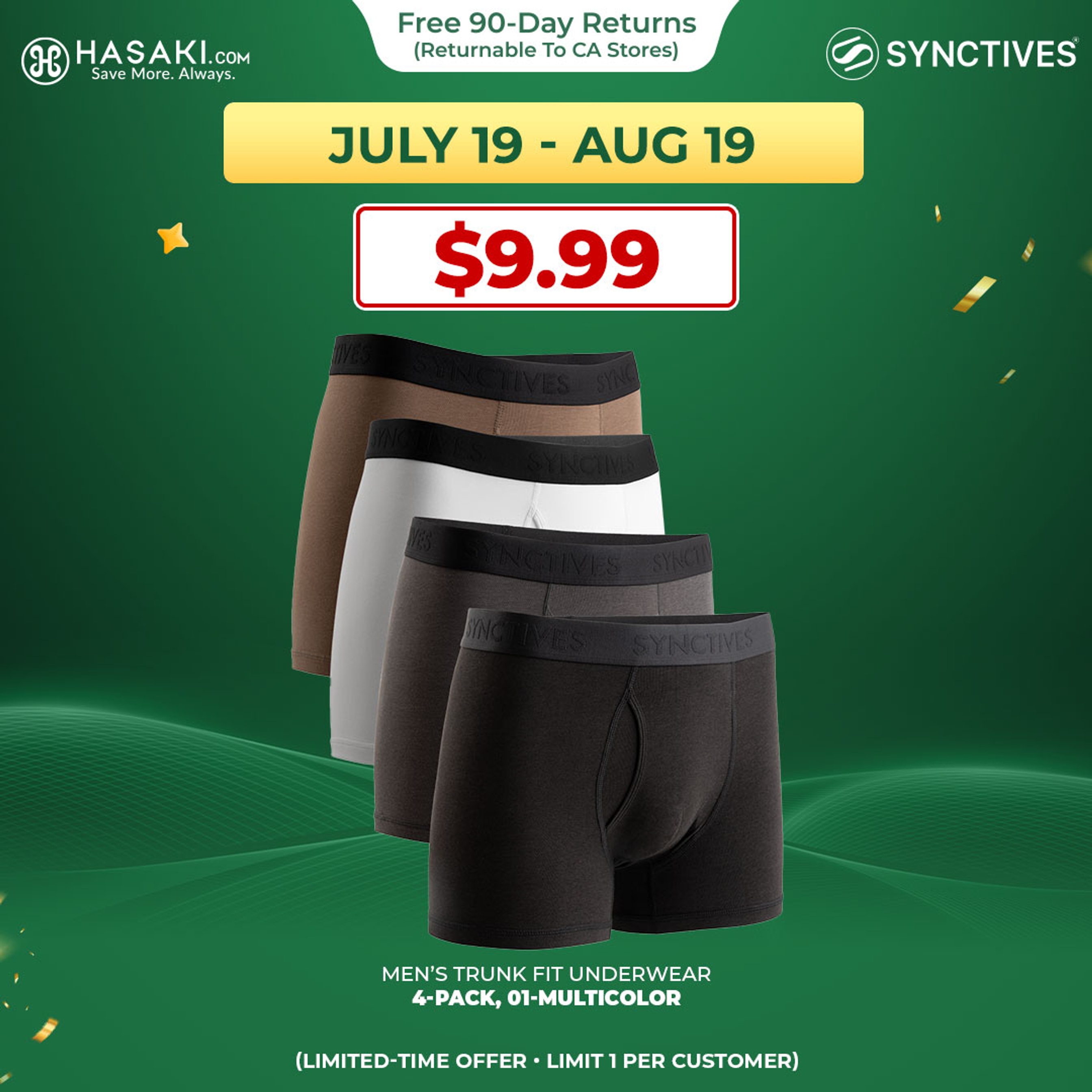 Synctives Men’s Trunk Fit Underwear 4-Pack, 01-Multicolor, S - CMUW0032 1