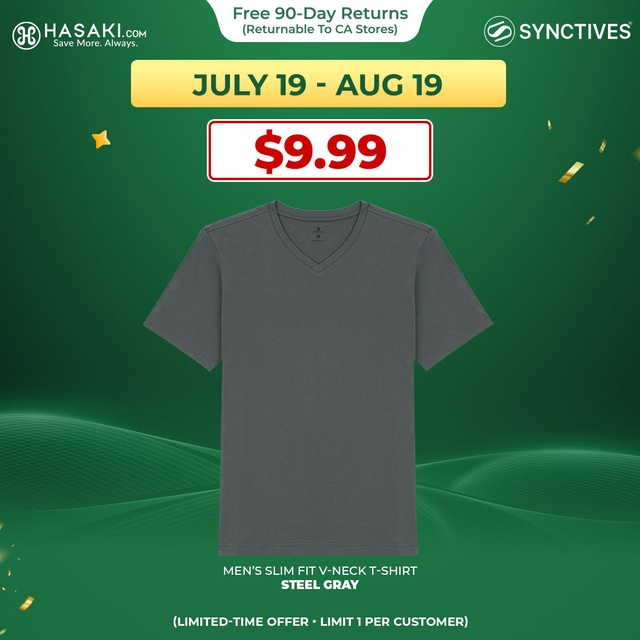 Synctives  Men’s Slim Fit V-Neck T-shirt, Steel Gray, S - CMTS0033