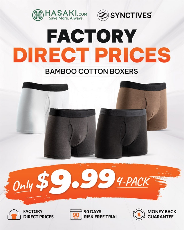 [Bamboo Cotton] Synctives Men’s Trunk Fit Underwear 4-Pack