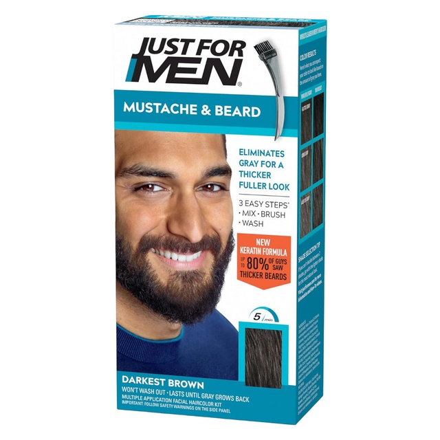 Just For Men Mustache & Beard Coloring, Darkest Brown, 1 Count - with Biotin, Aloe & Coconut Oil for Gray Hair, Brush Included