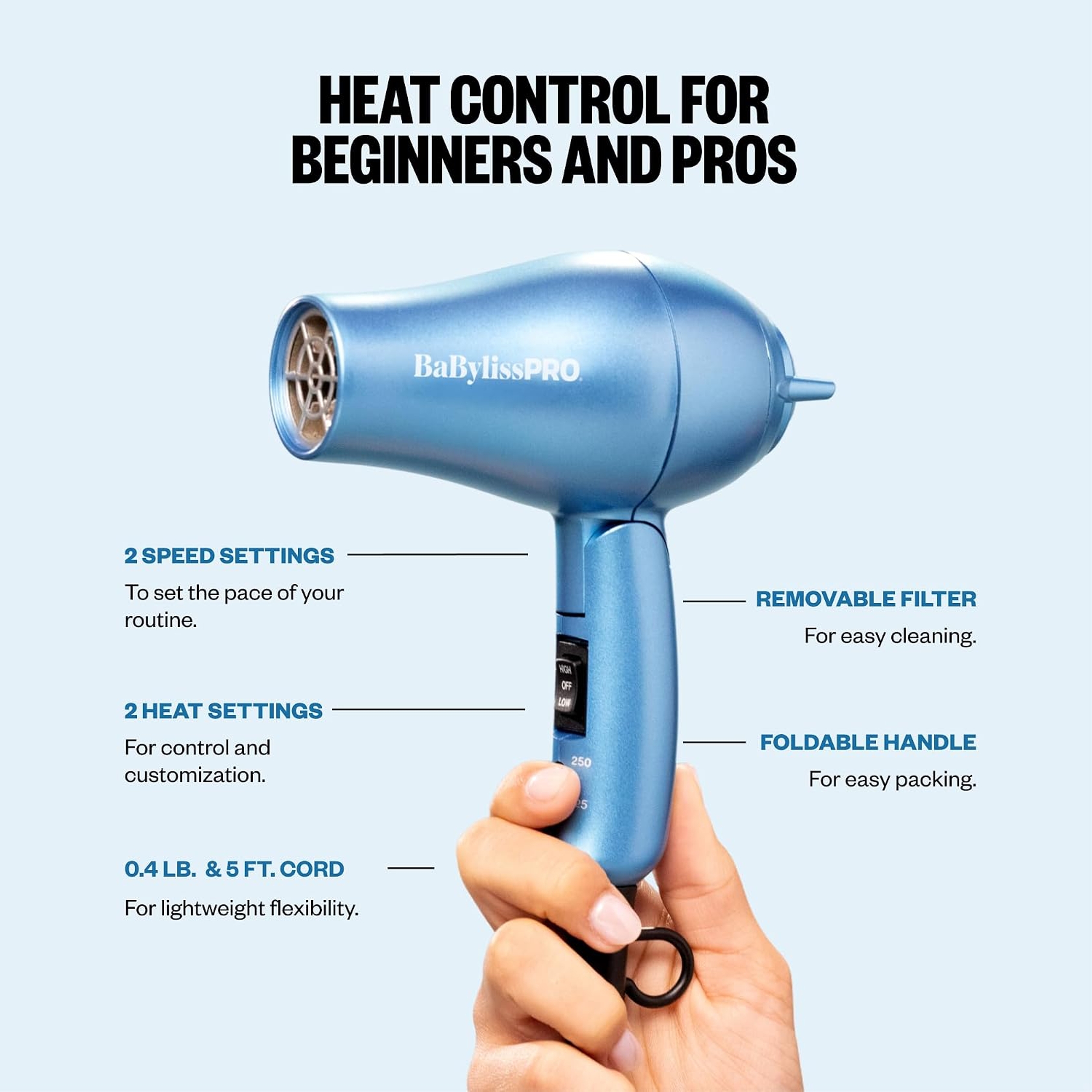 BaBylissPRO Nano Titanium Travel Dryer 1 Count - Professional Blow Dryer with Concentrator Nozzle, Foldable Handle 4