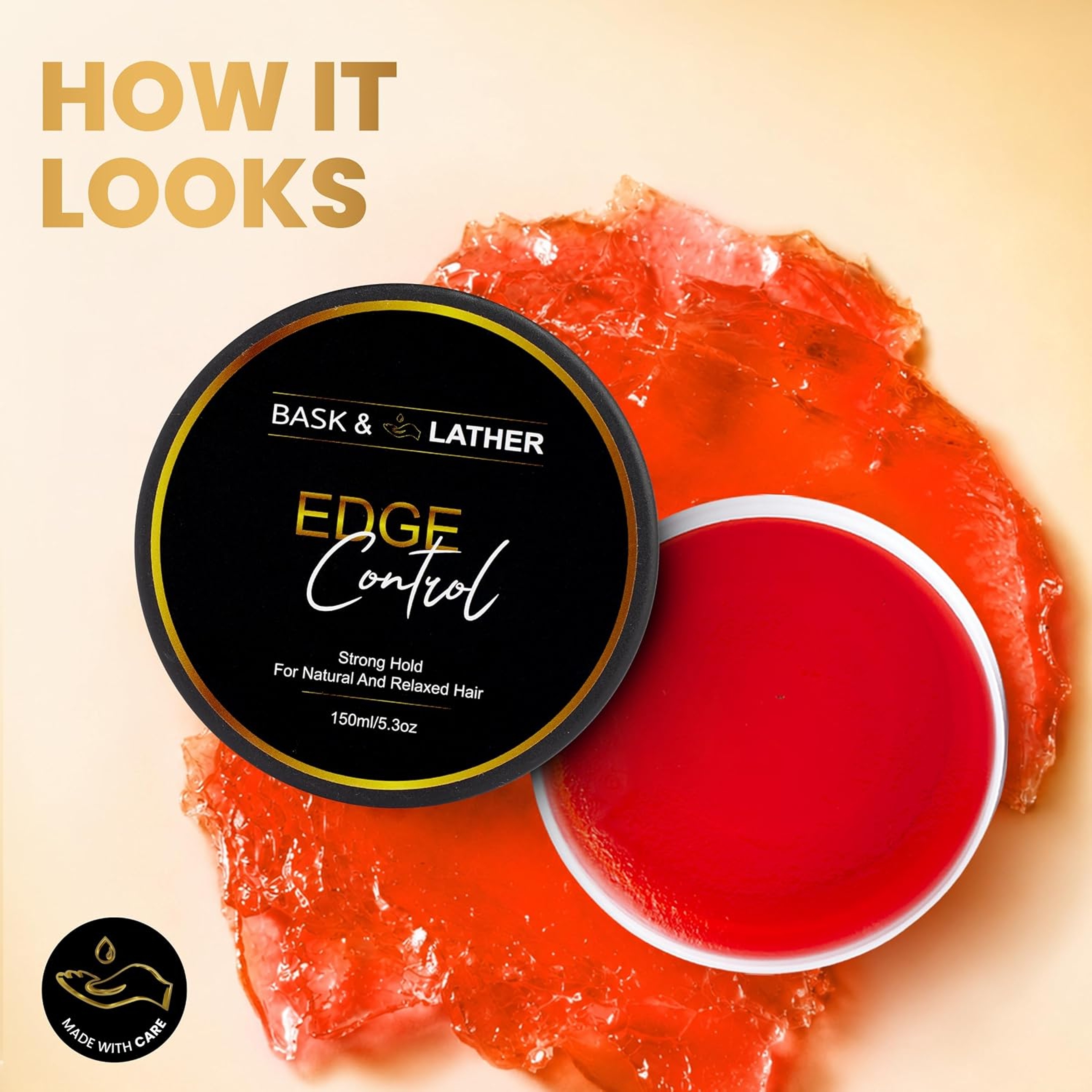 Bask & Lather Strong Hold Edge Control Gel 5.3 oz - Long-Lasting, Non-Flaking, No White Cast for All Hair Types 5