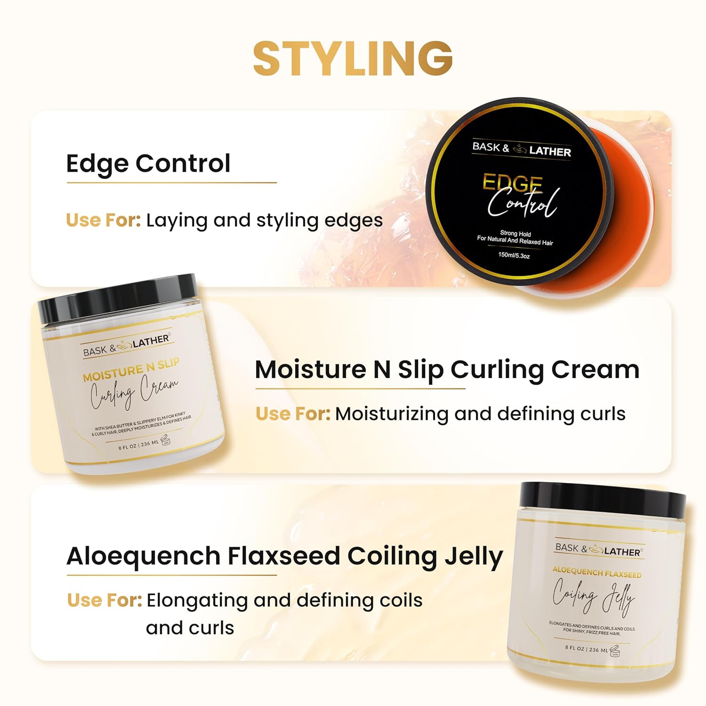 Bask & Lather Strong Hold Edge Control Gel 5.3 oz - Long-Lasting, Non-Flaking, No White Cast for All Hair Types 7