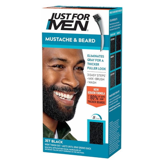Just For Men Mustache & Beard Coloring, Jet Black, 1 Count - with Biotin, Aloe & Coconut Oil for Gray Hair, Brush Included
