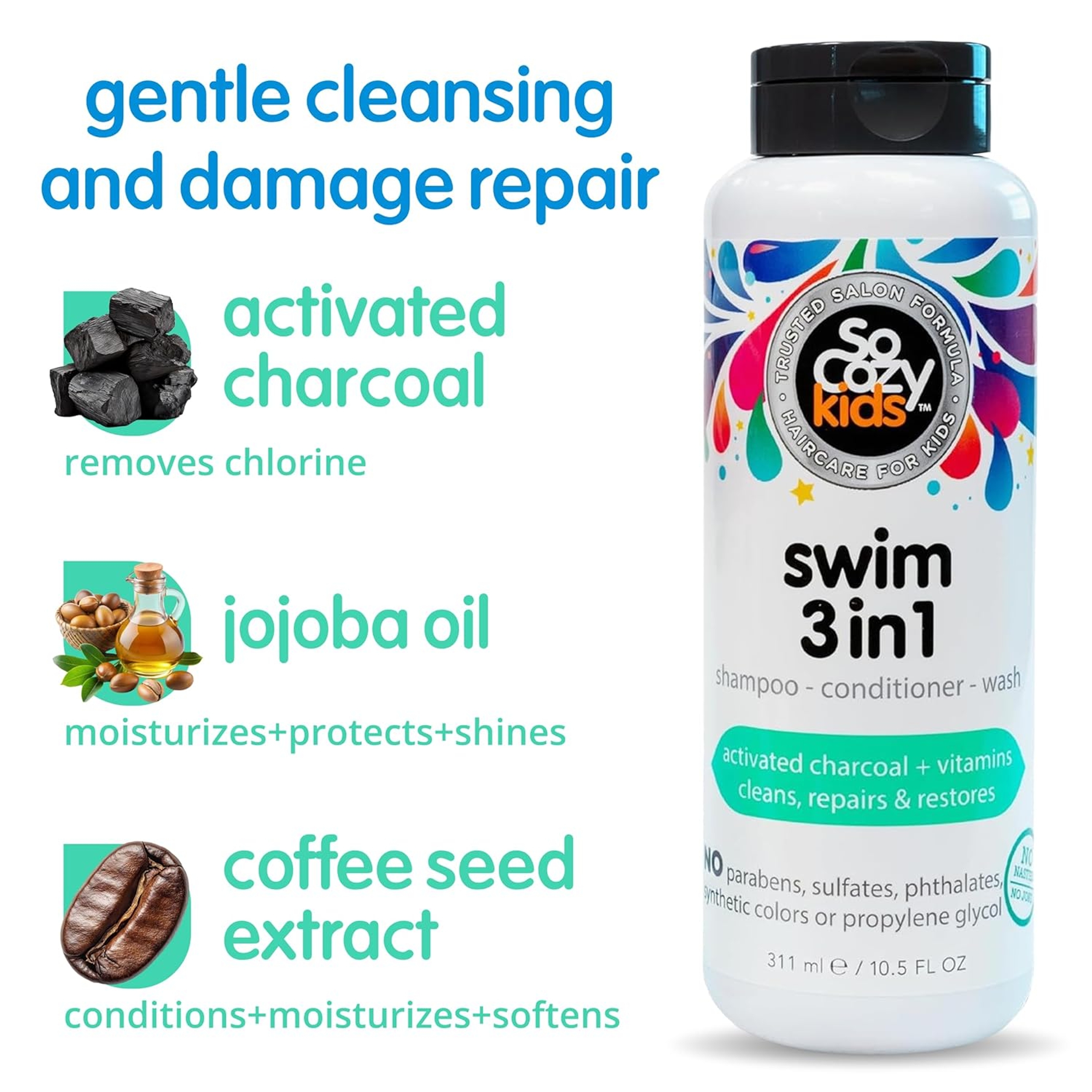 SoCozy Swim 3-in-1 Shampoo, Conditioner & Body Wash 10.5 fl.oz - Gentle Combo Hair & Body Cleanser for Swimmers 3