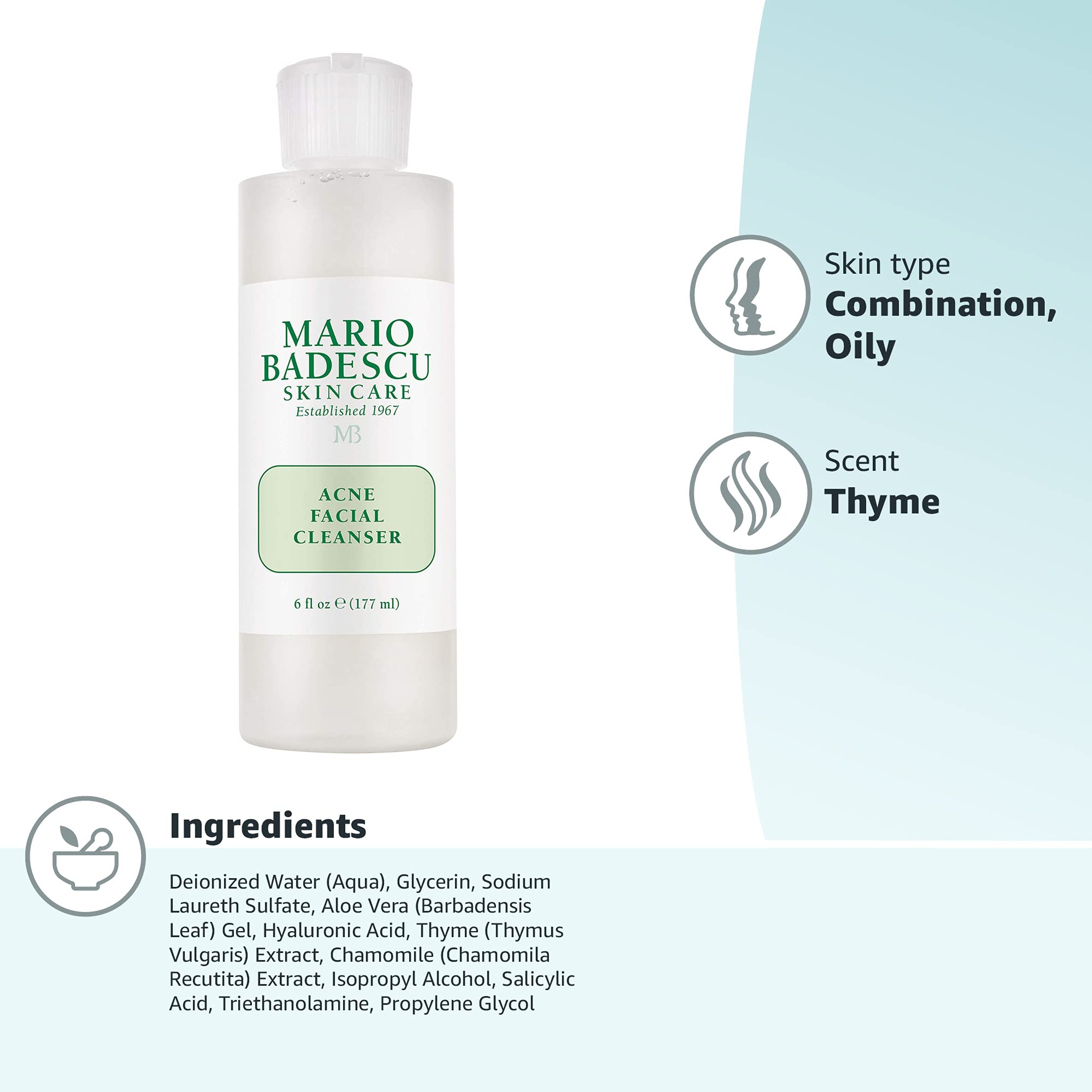 Mario Badescu Acne Facial Cleanser 6 fl.oz - Oil-Free Face Wash with Salicylic Acid & Aloe Vera for Combination & Oily Skin 6
