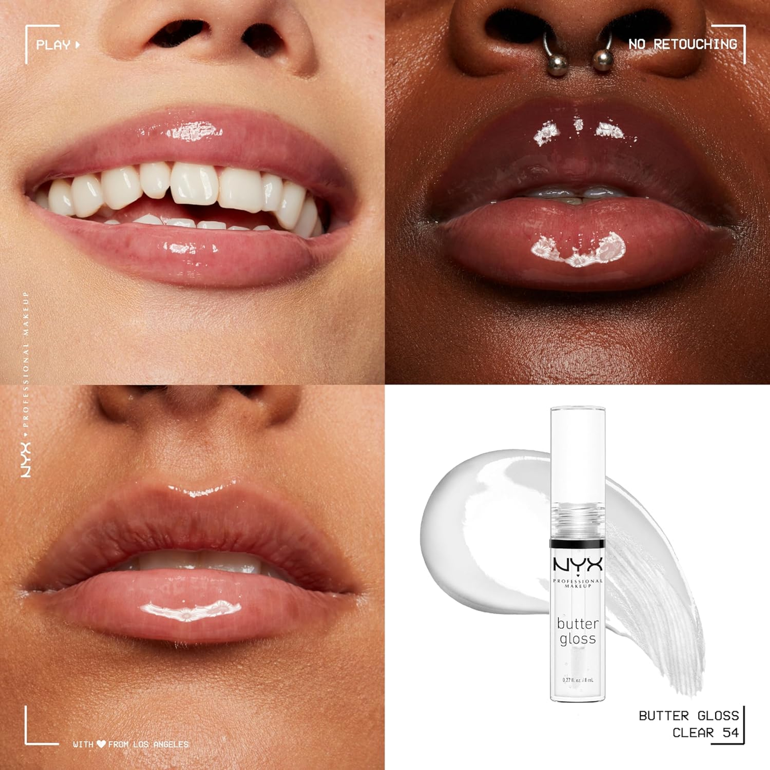 NYX Professional Makeup Butter Gloss Lip Gloss, Sugar Glass, 0.27 fl.oz (Pack of 3) - Non-Sticky & Shiny Vegan Lip Makeup 3