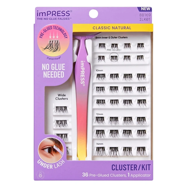 imPRESS Press-On Falsies Eyelashes, Classic Natural, 36 Clusters & 1 Non-Stick Applicator - No Glue Needed
