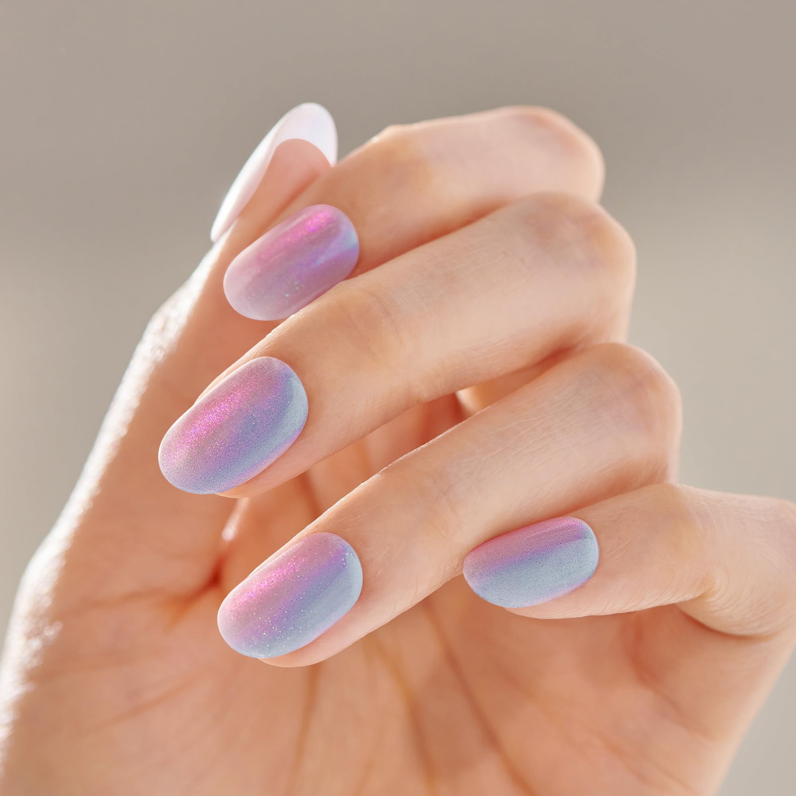 imPRESS colorFX No Glue Mani Press On Nails, Fly Up, 30 Count - Silver & Blue Short Oval Chrome Effect 2