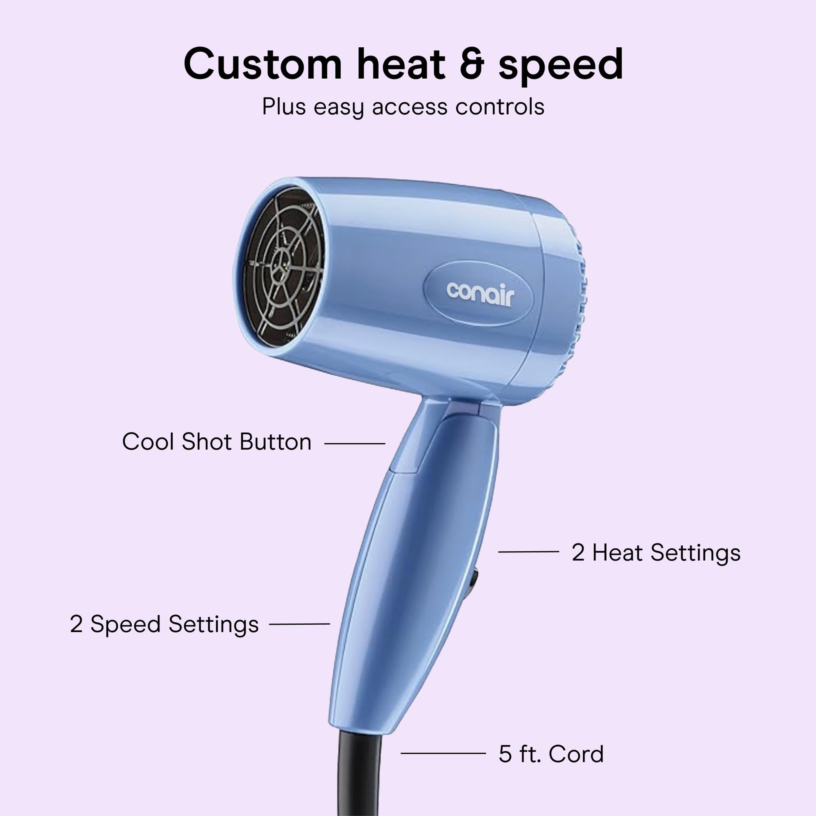 Conair Compact Folding Handle Hair Dryer 1600W 1 Count - Dual Voltage, Travel Blow Dryer for  On-The-Go Styling 4