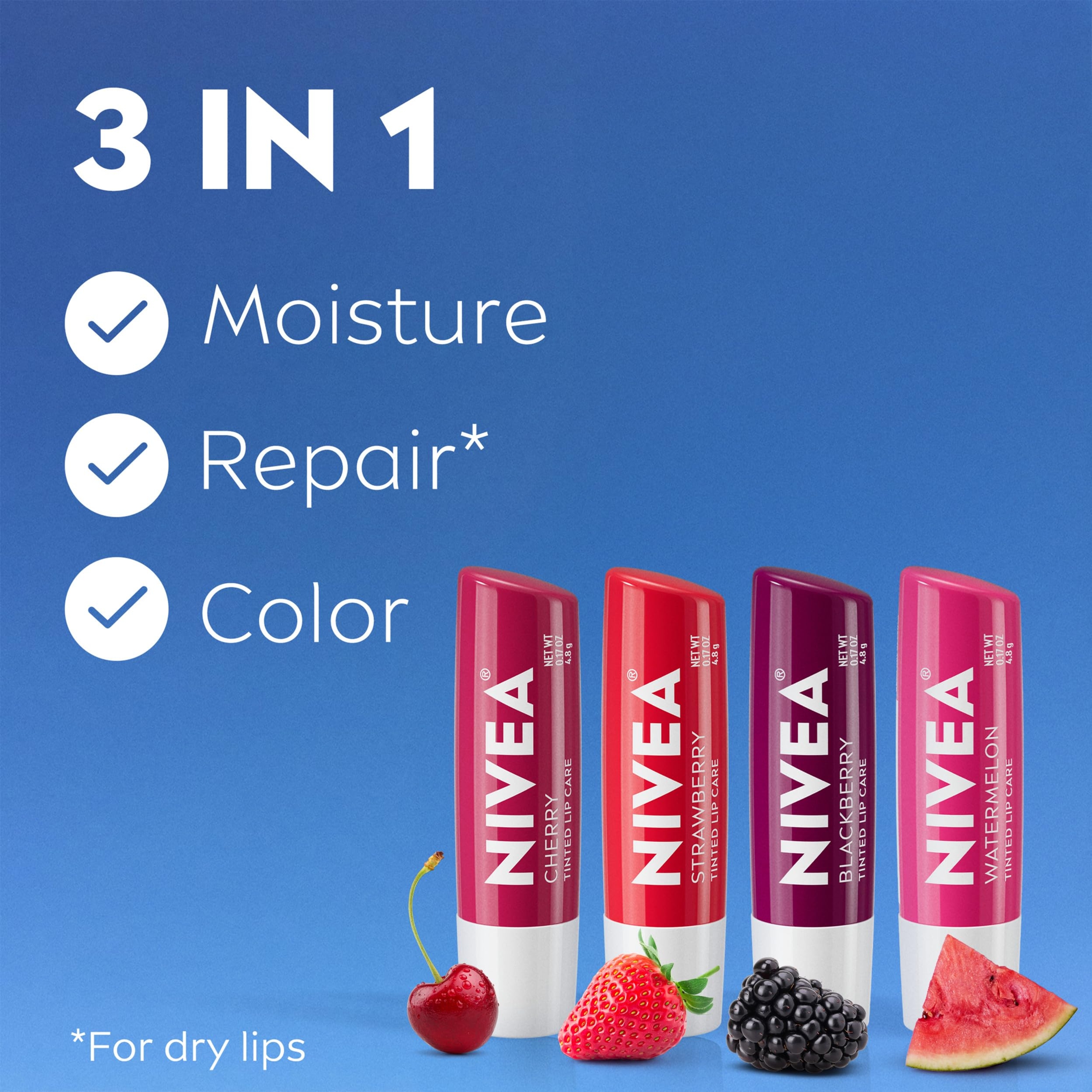 Nivea Fruity Cuties Lip Balm Variety Pack 0.17 oz (Pack of 4) - 3-in-1 Moisturizing Tinted Lip Balms 2