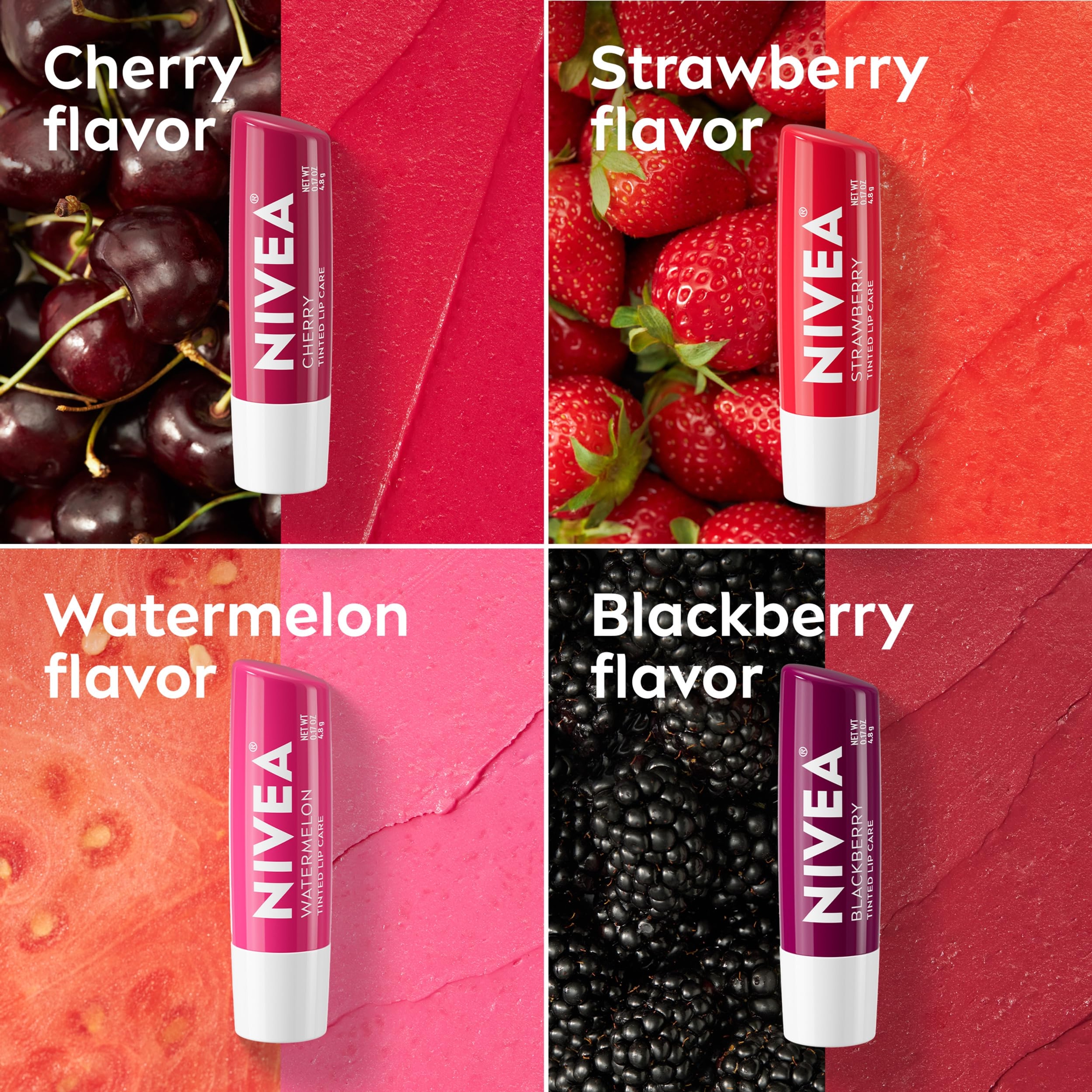 Nivea Fruity Cuties Lip Balm Variety Pack 0.17 oz (Pack of 4) - 3-in-1 Moisturizing Tinted Lip Balms 4