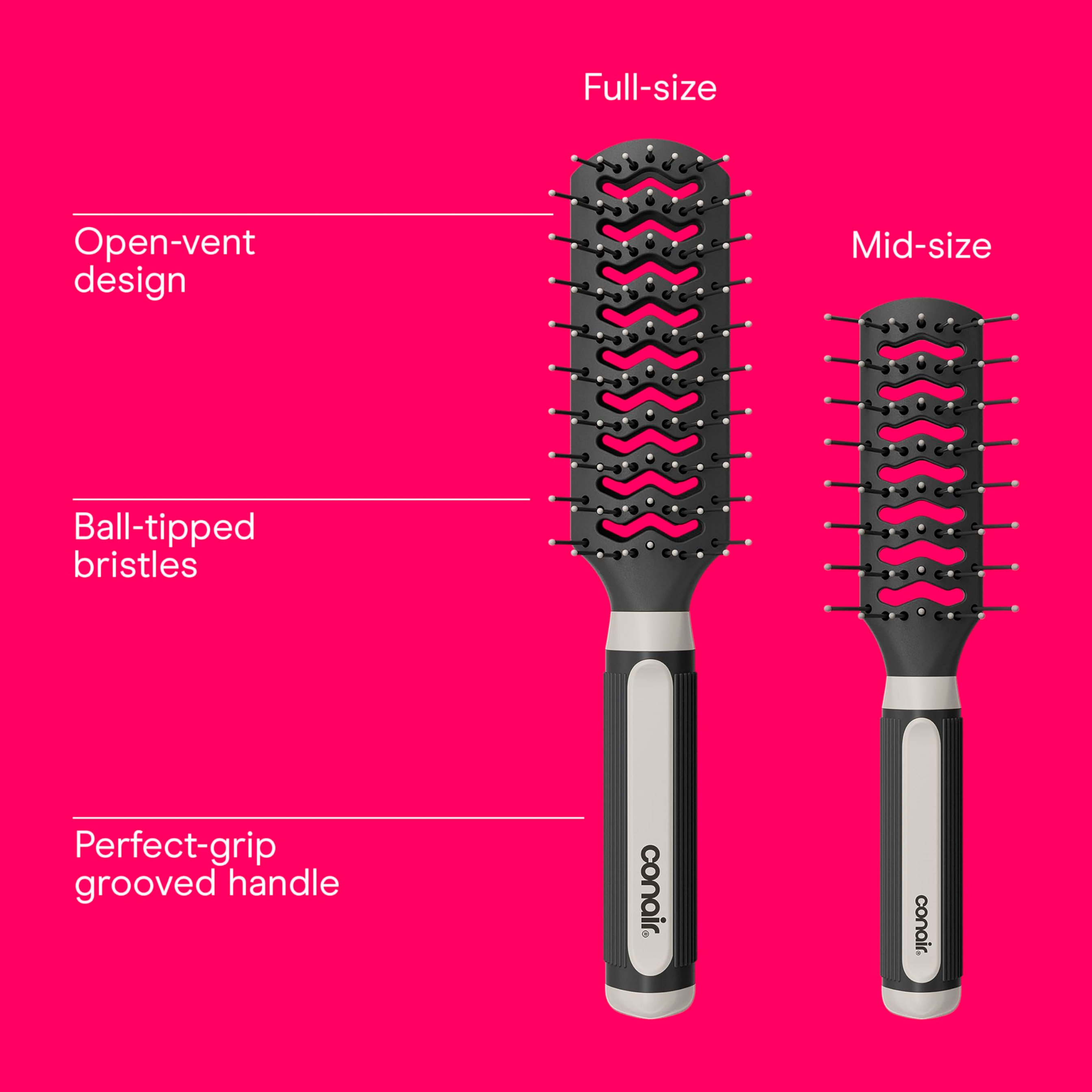 Conair Grip & Lift Vented Hairbrush, 2 Count - Full-Size & Mid-Size Nylon Bristle Brushes for Blowout Styling, Colors May Vary 3