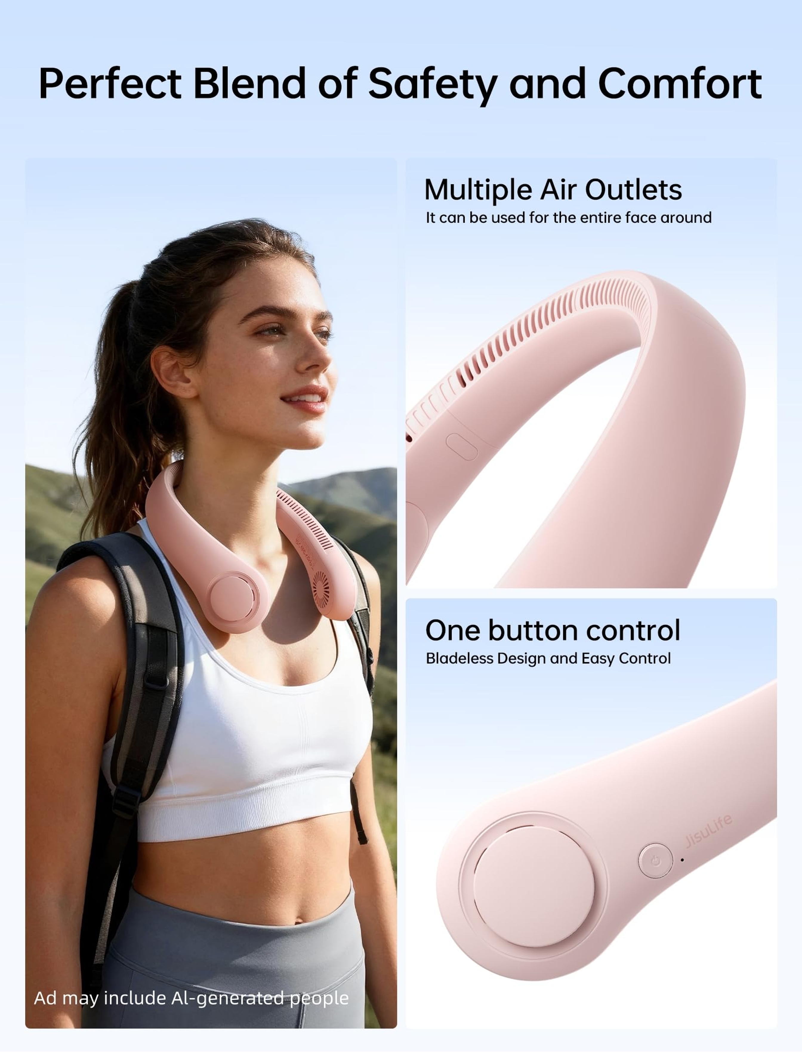 Jisulife Portable Neck Fan Life3, Pink, 1 Count - Hands-Free Bladeless Fan, Twistable, Rechargeable 4