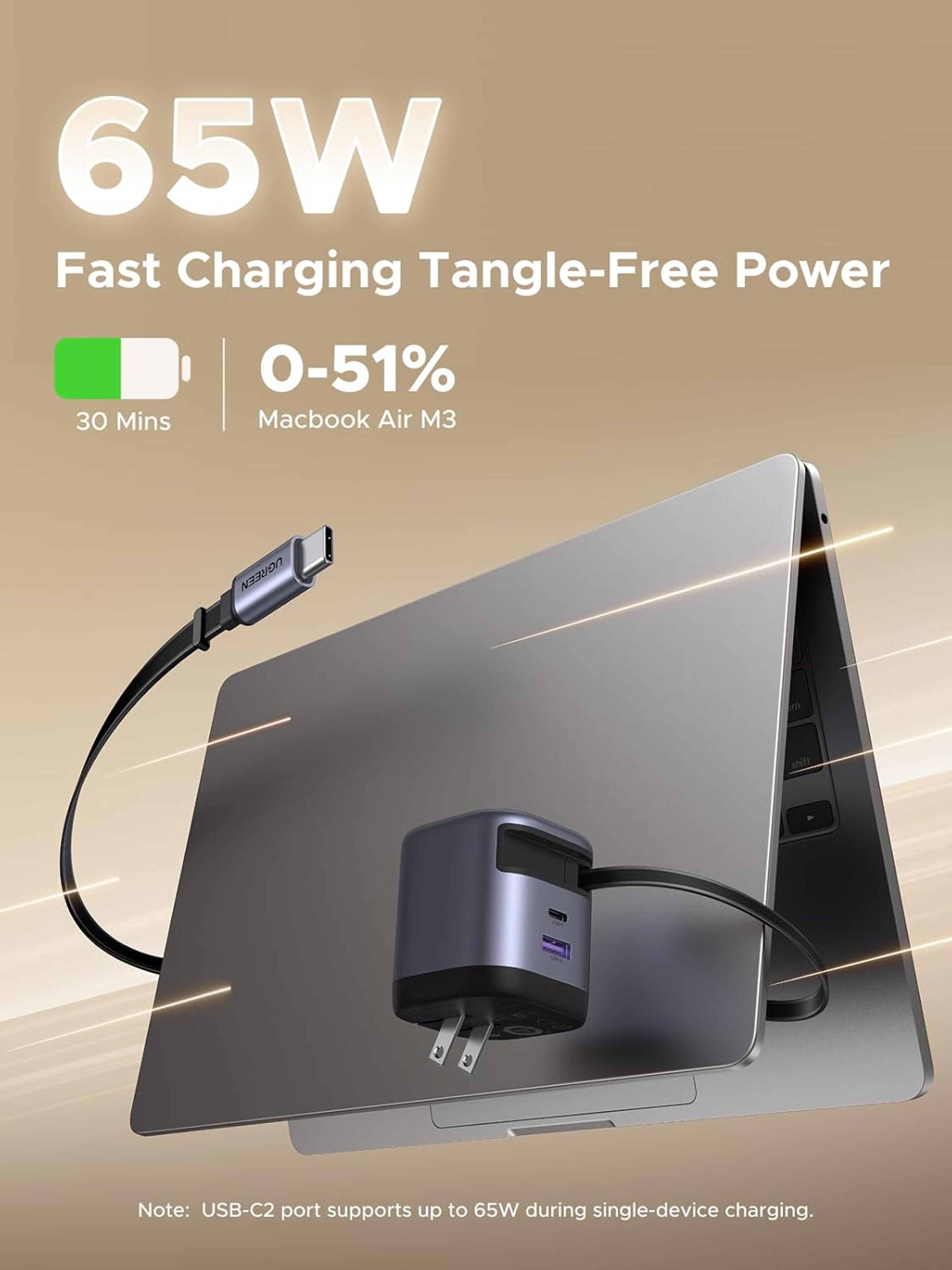 Ugreen Nexode 65W Charger with Retractable USB-C Cable 1 Count - 2-Port Fast Charging Wall Adapter 2