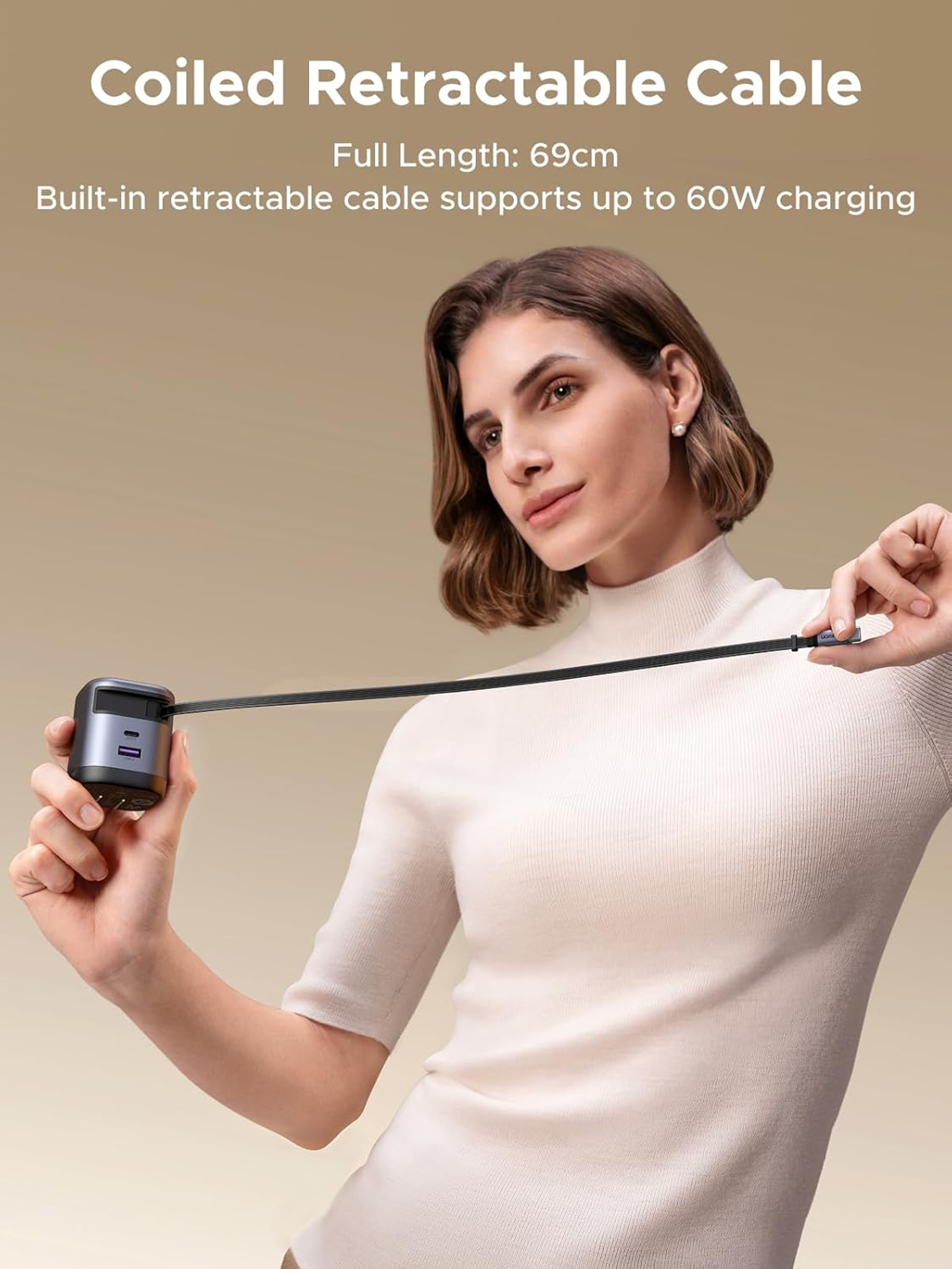 Ugreen Nexode 65W Charger with Retractable USB-C Cable 1 Count - 2-Port Fast Charging Wall Adapter 3