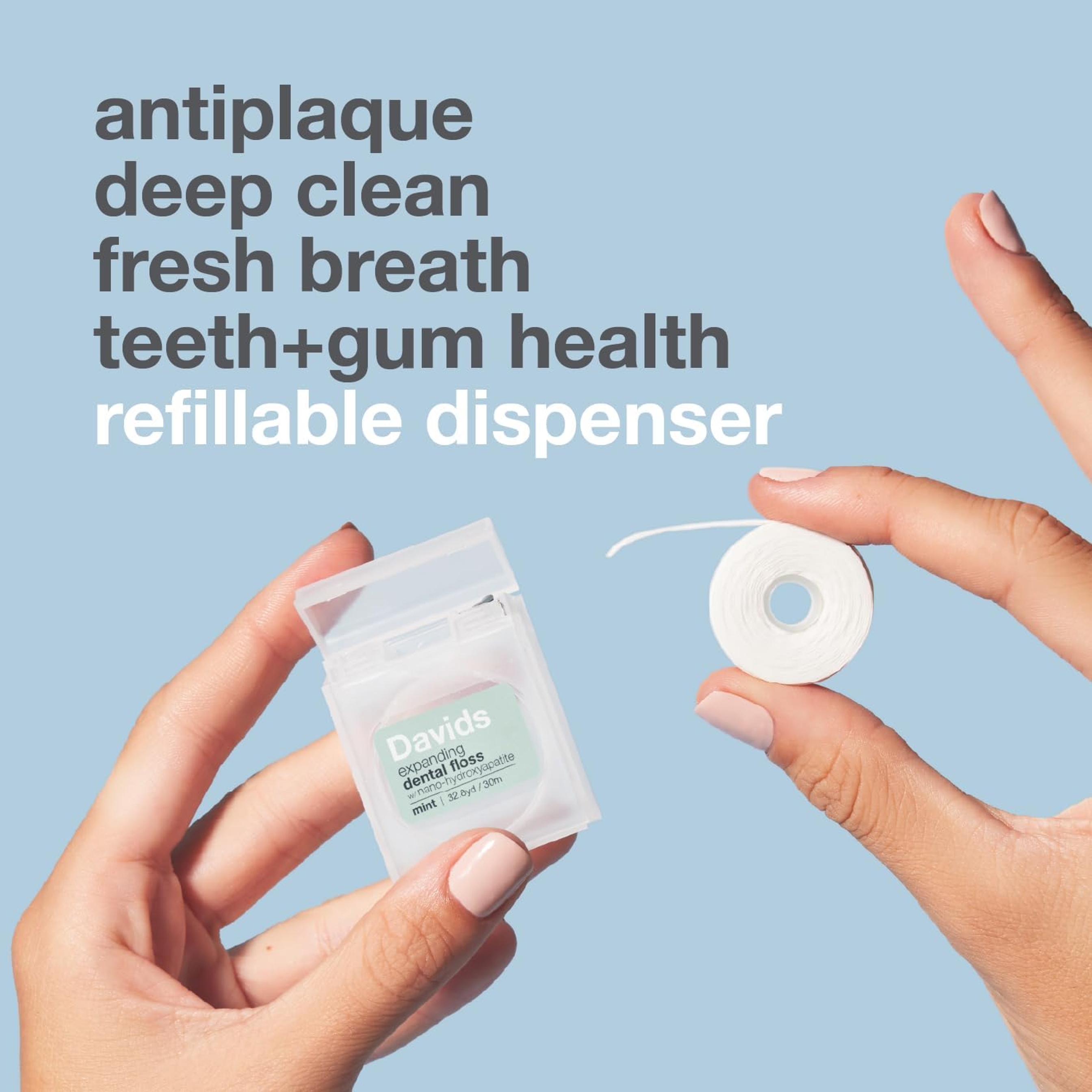 Davids Expanding Dental Floss 30m with Refillable Dispenser - Mint, Woven Strands with Hydroxyapatite 4