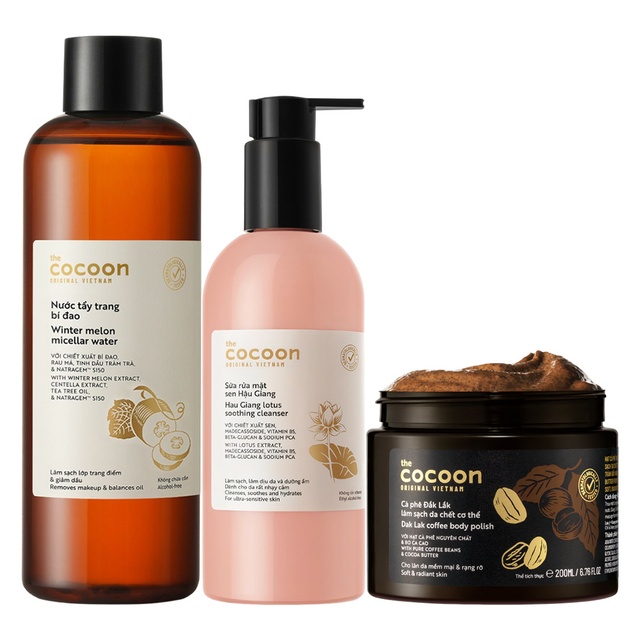 Cocoon Face & Body Cleansing Care Bundle (Micellar Water 16.9 fl.oz + Cleanser 10.4 fl.oz + Body Polish 6.76 fl.oz)