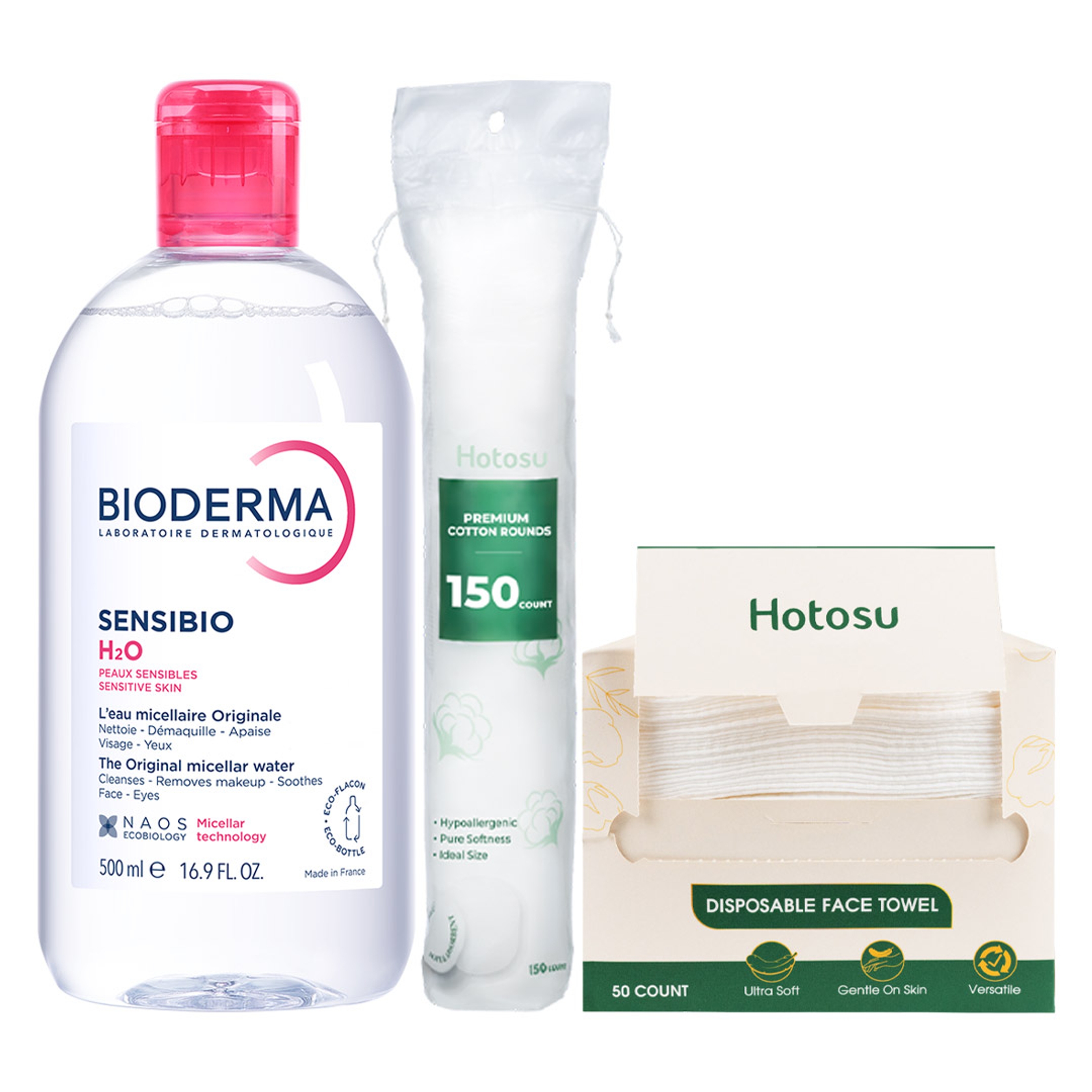Cleansing Essentials Bundle (Bioderma Sensibio H2O Micellar Water 16.9 fl.oz + Hotosu Premium Cotton Rounds 150 Count + Hotosu Disposable Face Towels 50 Count) 1