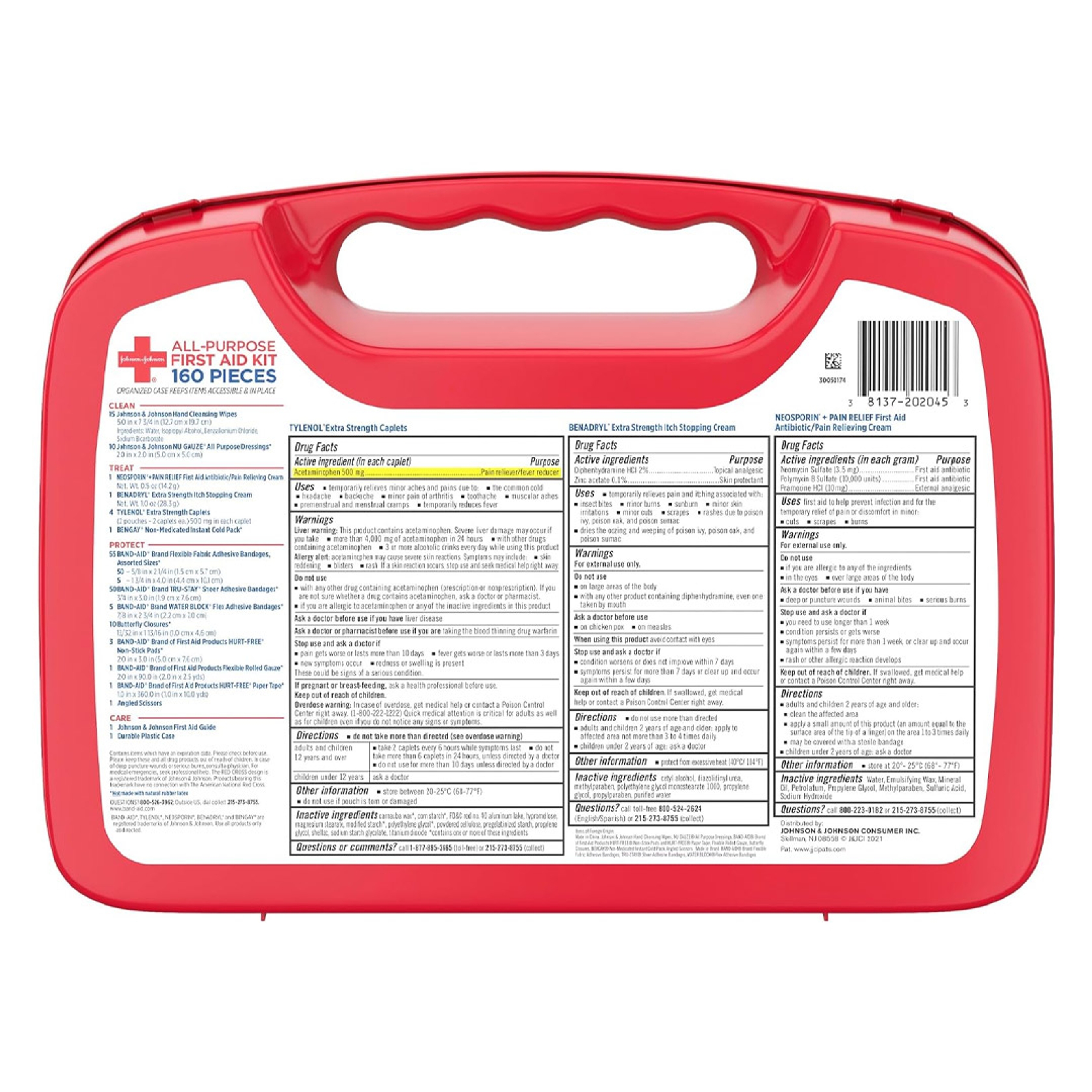 Johnson & Johnson All-Purpose Portable First Aid Kit 160 Pieces - Includes Band-Aid Bandages, Neosporin, Tylenol, Benga & Benadryl 9