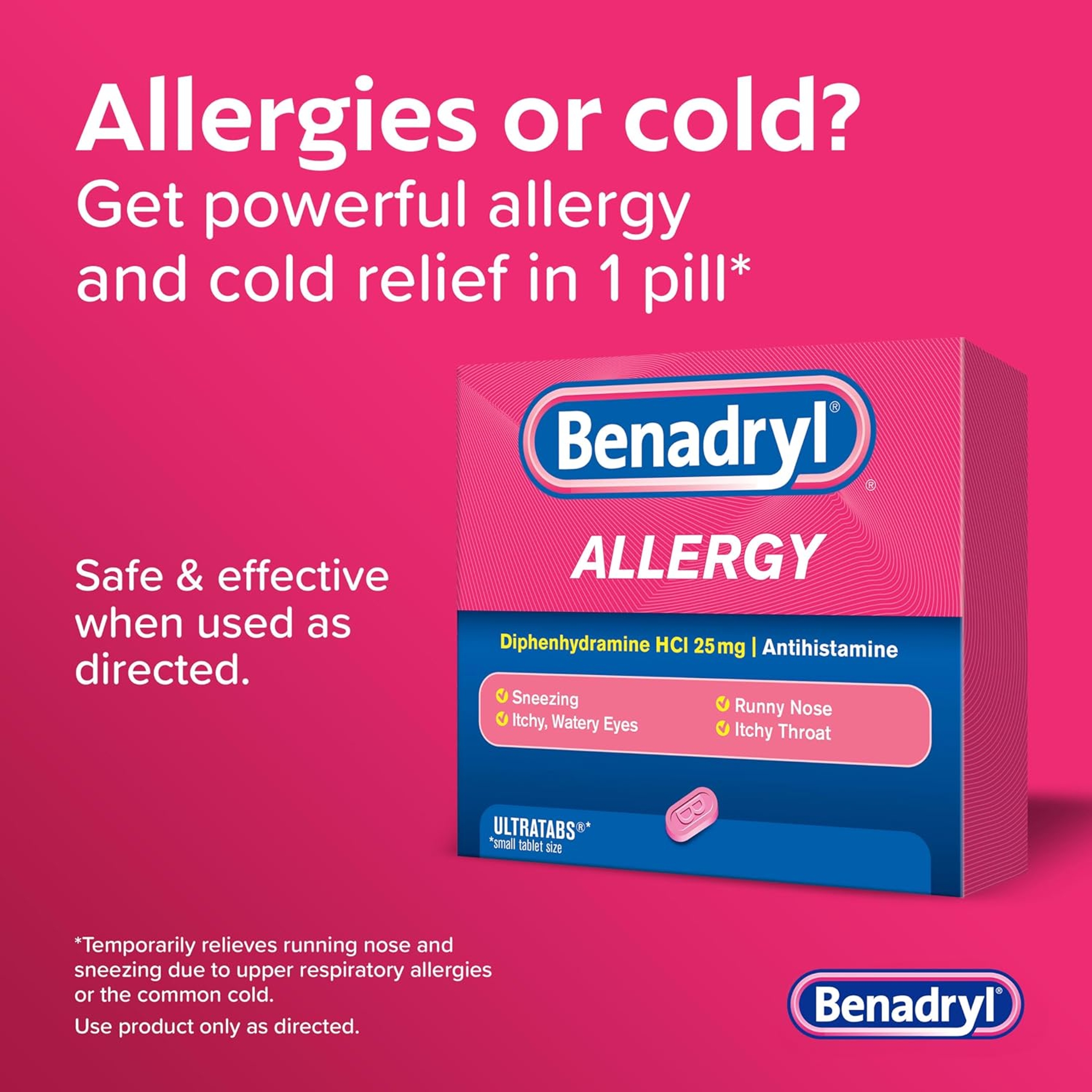 Benadryl Ultratabs Antihistamine Allergy Relief Tablets 2 Count (Pack of 4) - Diphenhydramine HCl 25mg 2