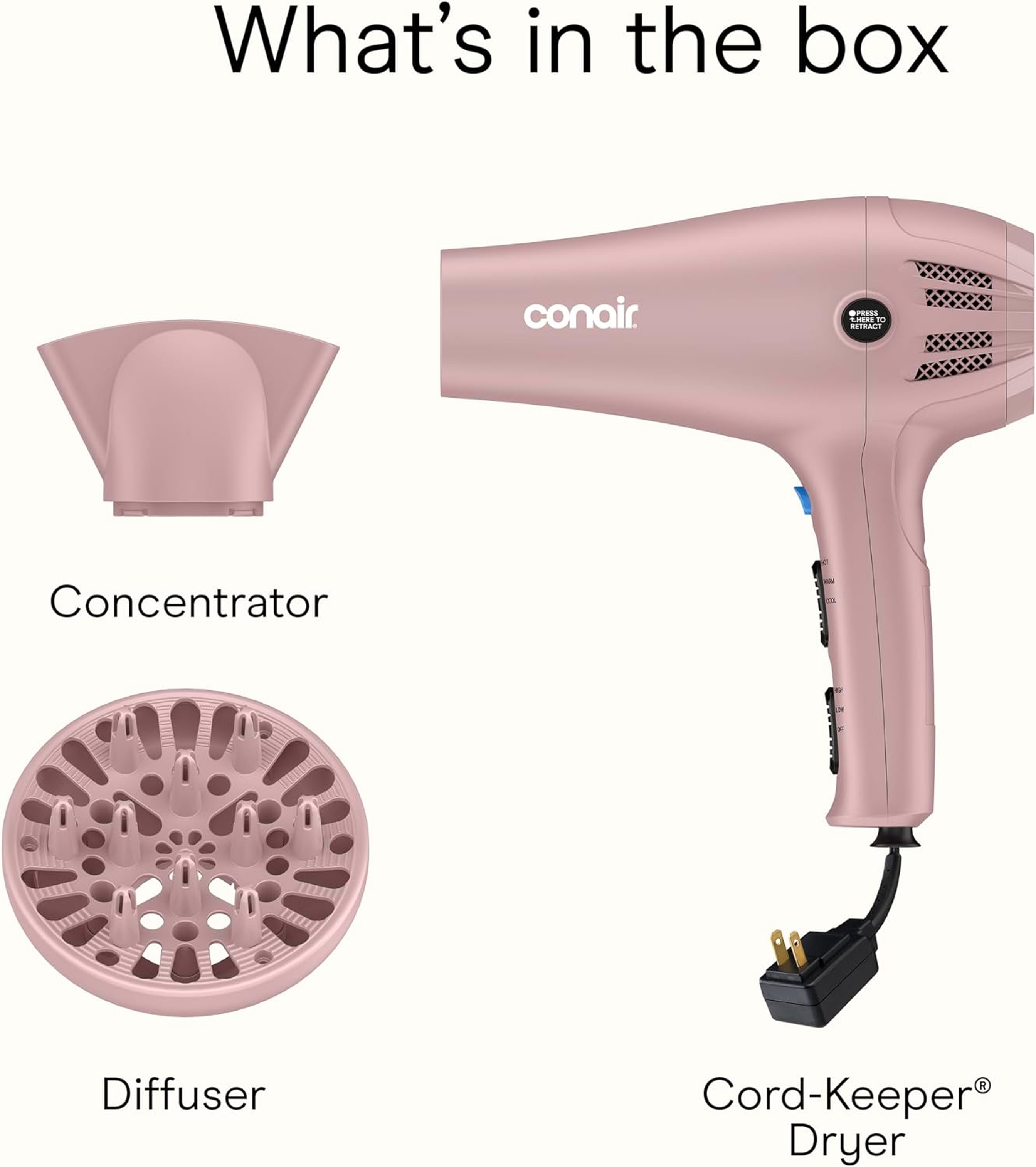 Conair Ionic Ceramic Cord-Keeper Hair Dryer, Matte Light Pink, 1 Count - 1875W, 3 Heat Settings for All Hair Types 8